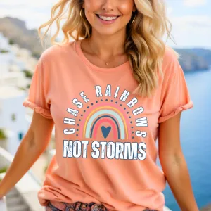 Chase Rainbows, Not Storms - Women's Bella Canvas Jersey Tee for Comfort and Positivity