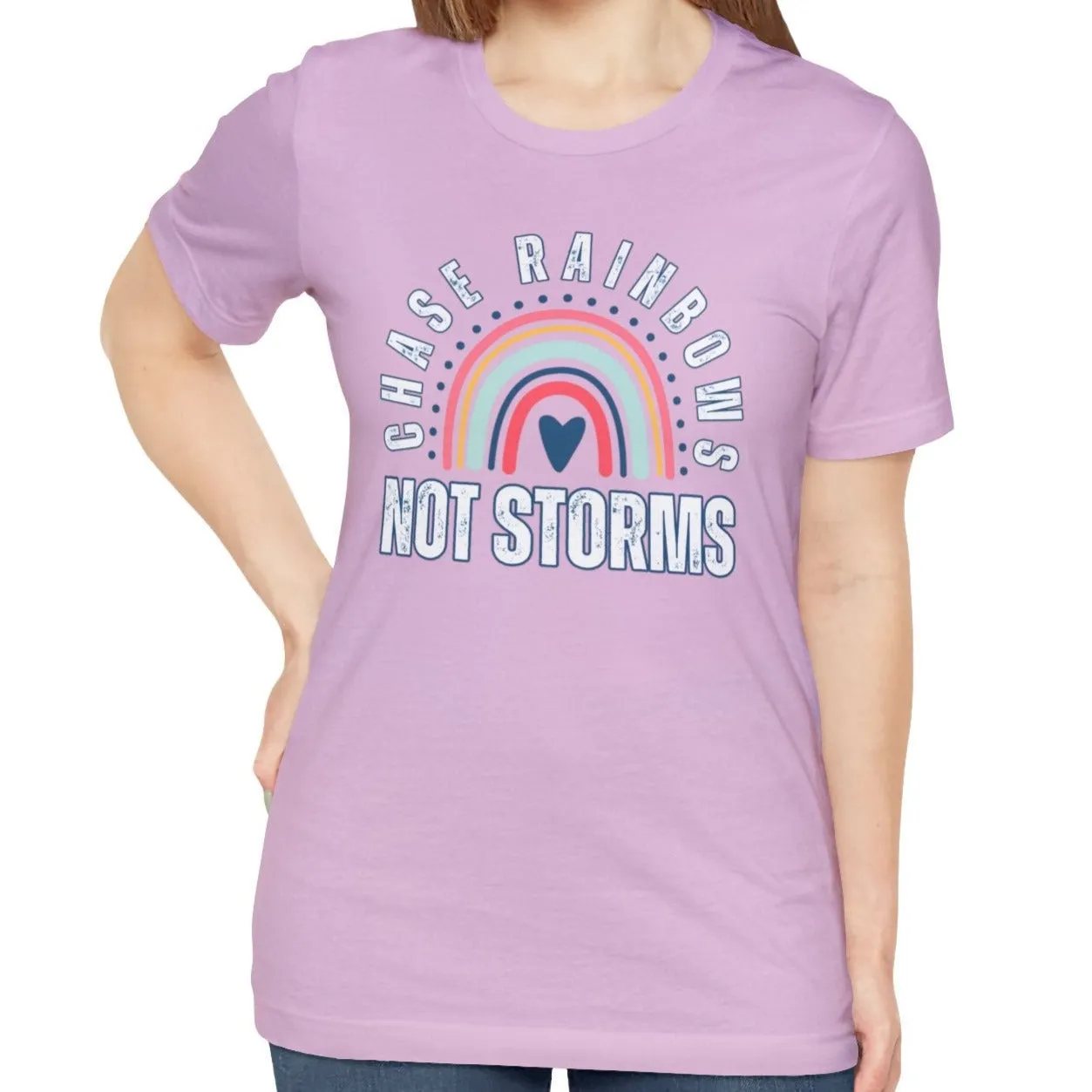 Chase Rainbows, Not Storms - Women's Bella Canvas Jersey Tee for Comfort and Positivity