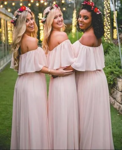 Cheap Simple Pink Off the Shoulder Pink Ruffles Long Bridesmaid Dresses PFB0017