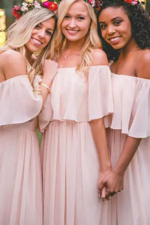 Cheap Simple Pink Off the Shoulder Pink Ruffles Long Bridesmaid Dresses PFB0017