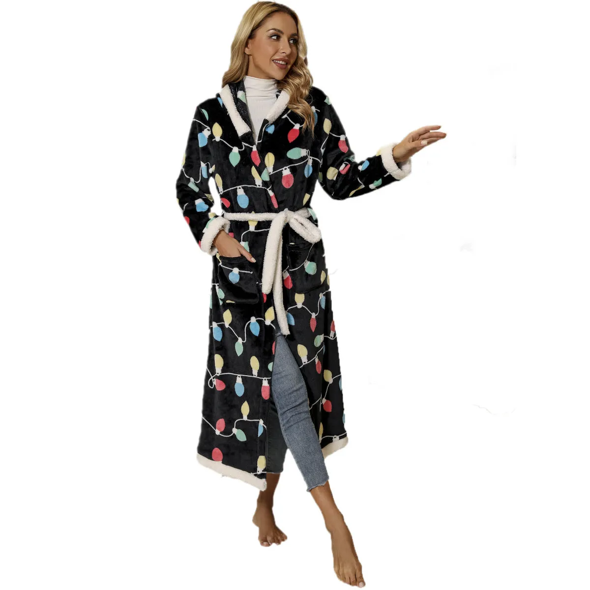 Christmas Bulb Print Hooded Flannel Fleece Belted Robe
