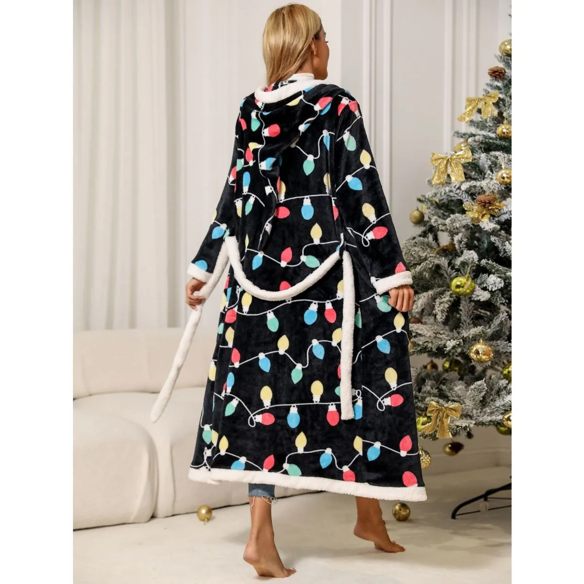 Christmas Bulb Print Hooded Flannel Fleece Belted Robe