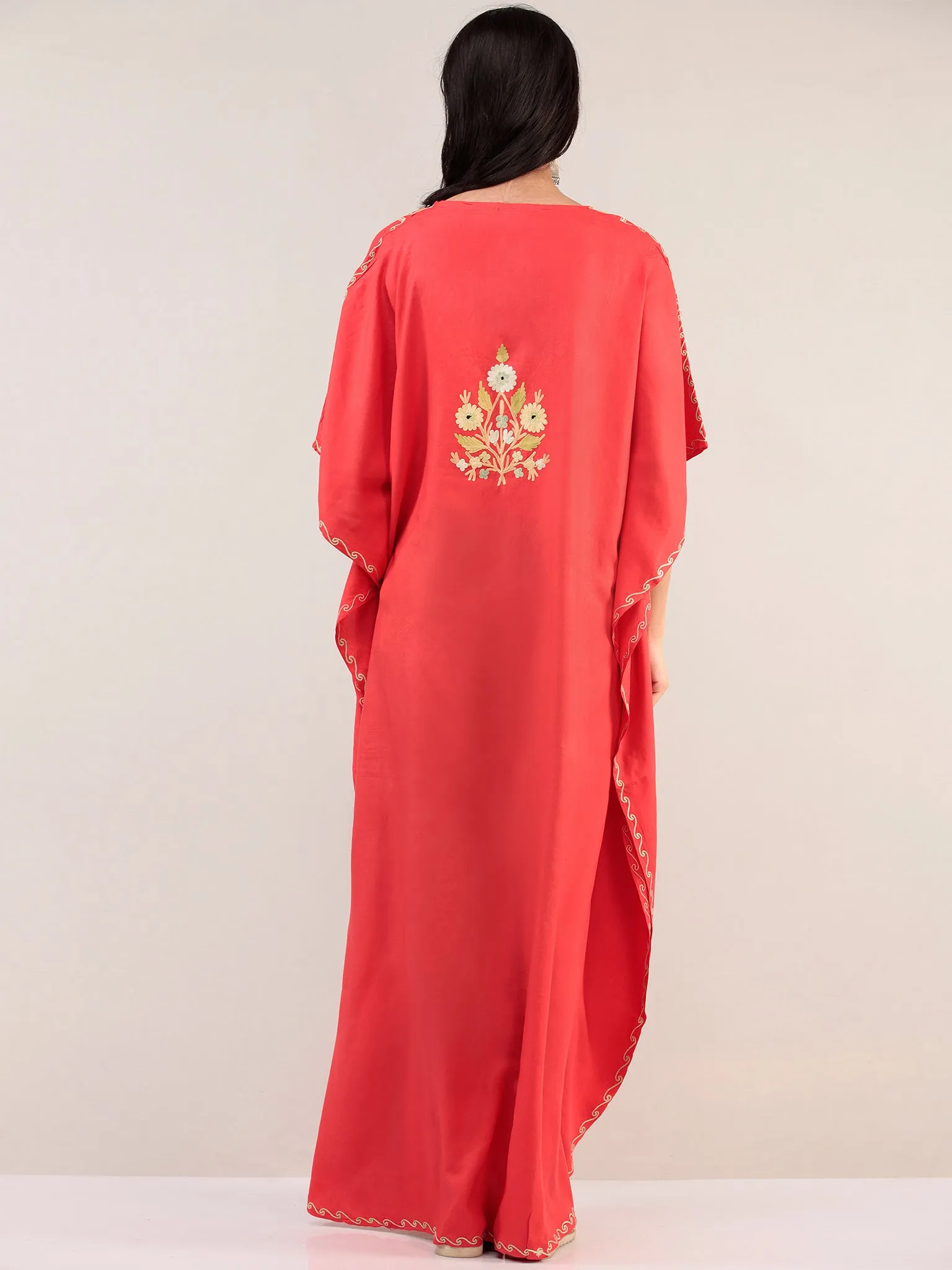 Coral Aari Embroidered Kashmere Free Size Kaftan  - K12K067