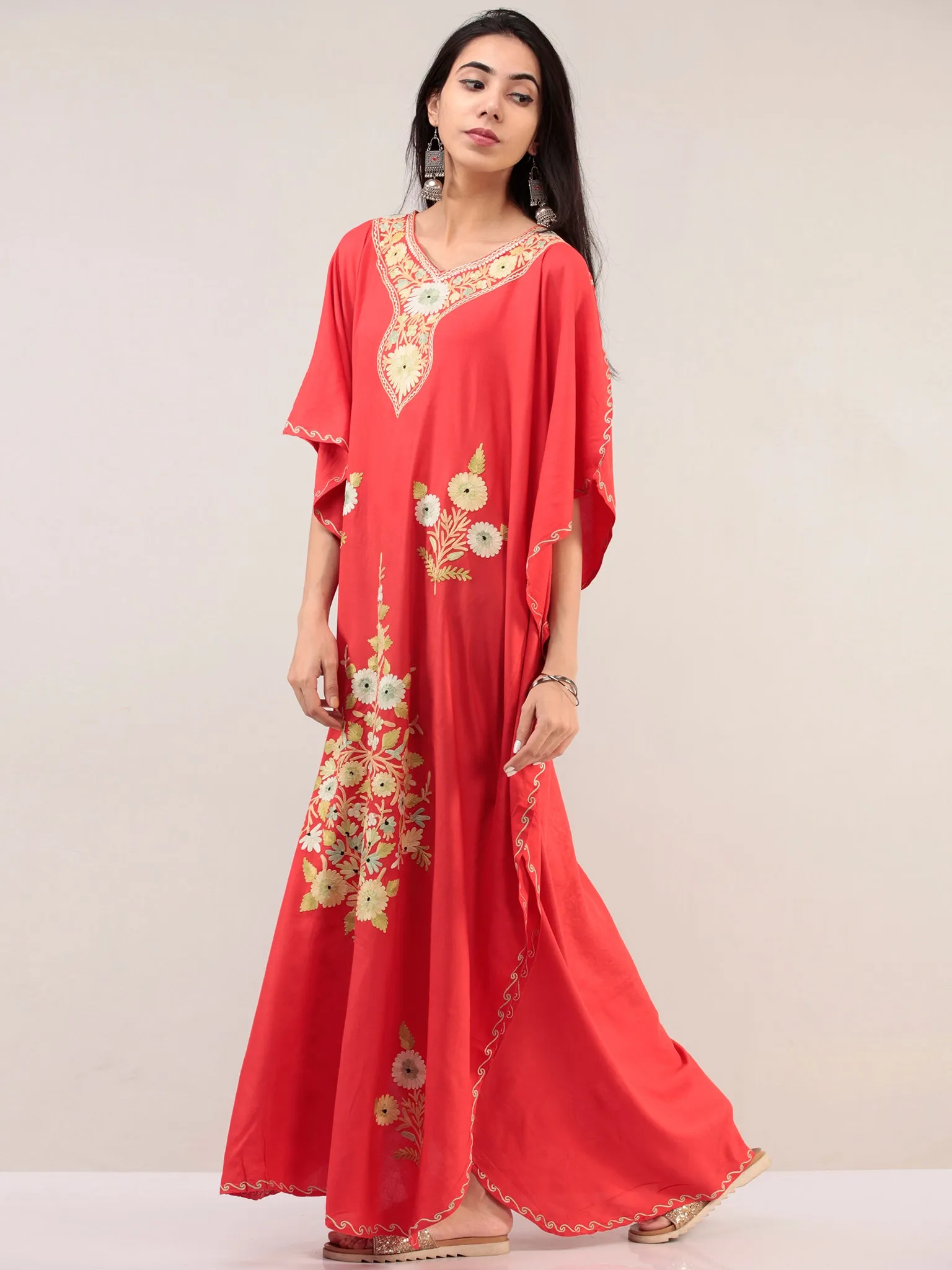Coral Aari Embroidered Kashmere Free Size Kaftan  - K12K067