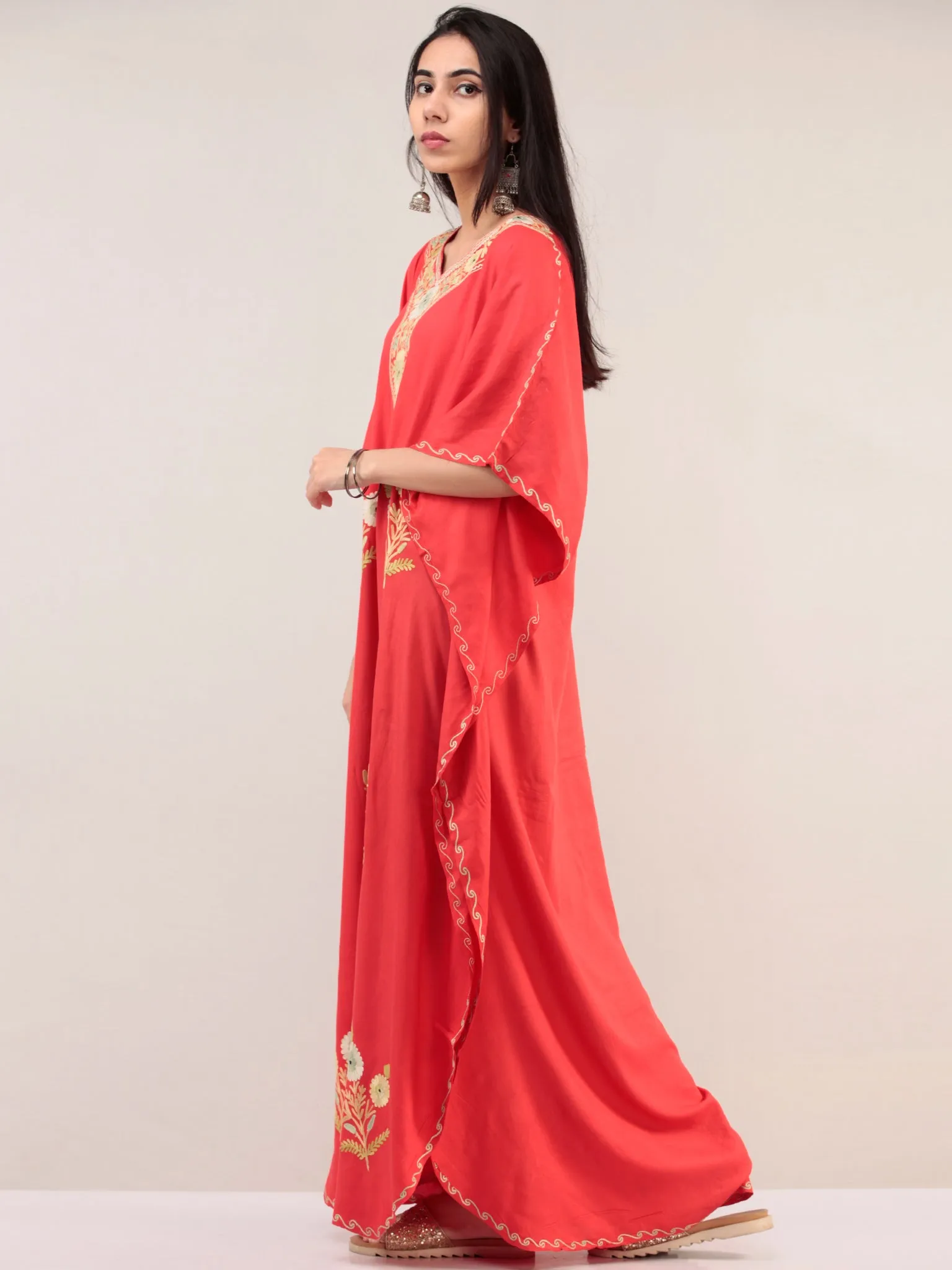 Coral Aari Embroidered Kashmere Free Size Kaftan  - K12K067