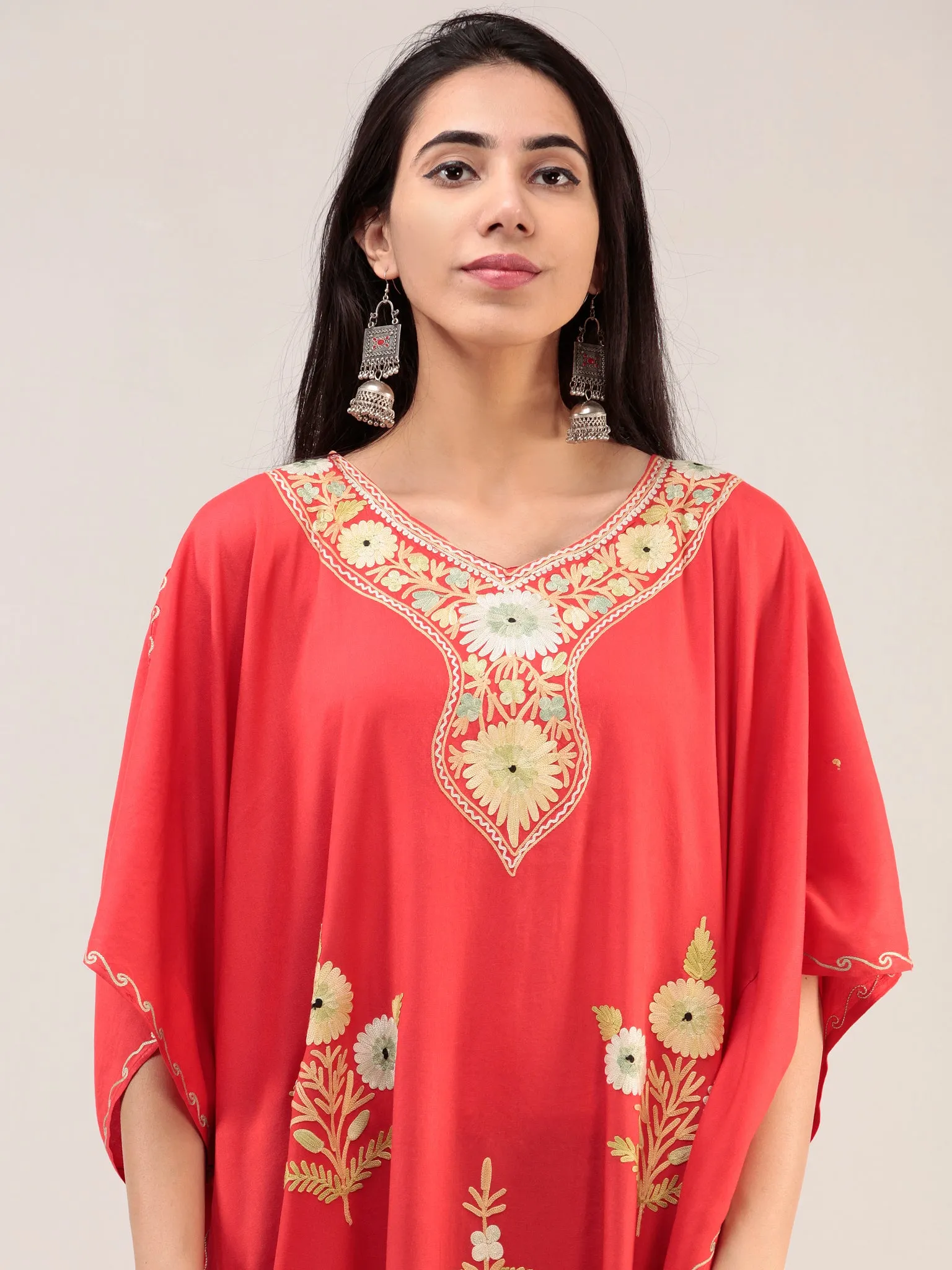 Coral Aari Embroidered Kashmere Free Size Kaftan  - K12K067
