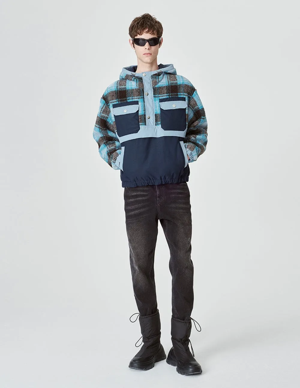 Couple Style Light Blue Plaid Patchwork Jacket