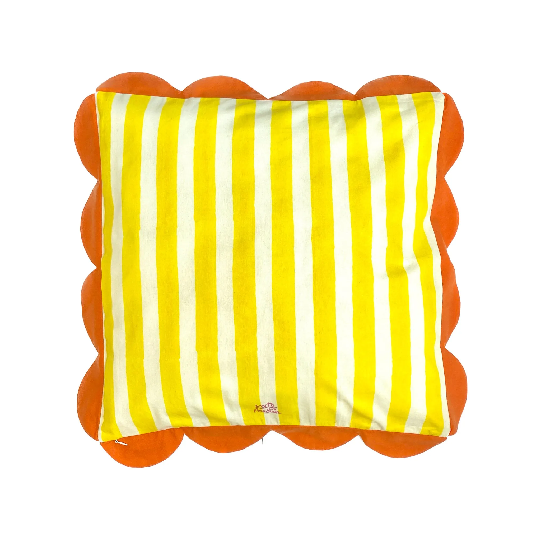 Cushion Cover in Yellow White Cabana Stripe and Orange Scallop Trim