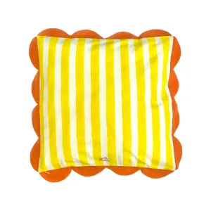 Cushion Cover in Yellow White Cabana Stripe and Orange Scallop Trim