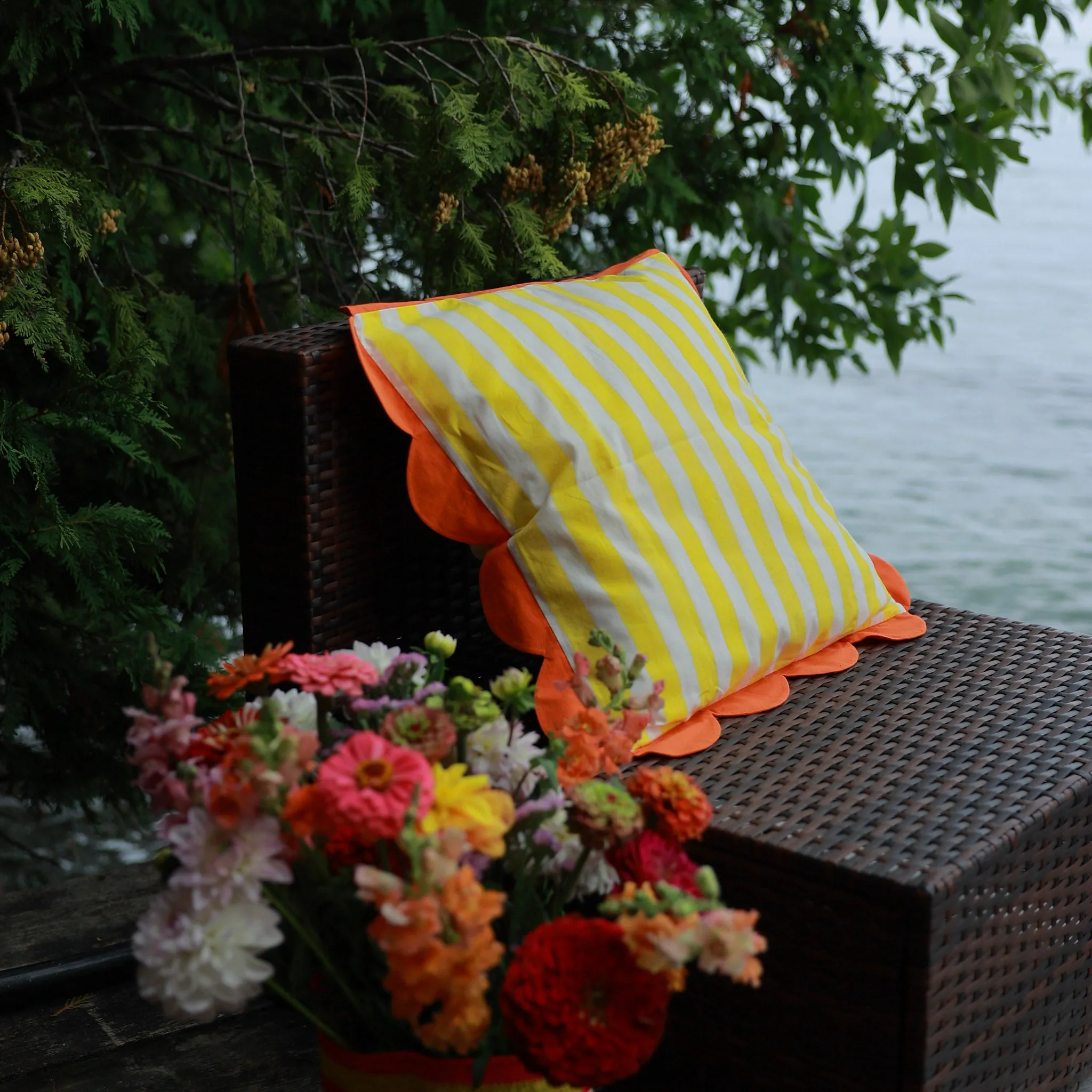 Cushion Cover in Yellow White Cabana Stripe and Orange Scallop Trim