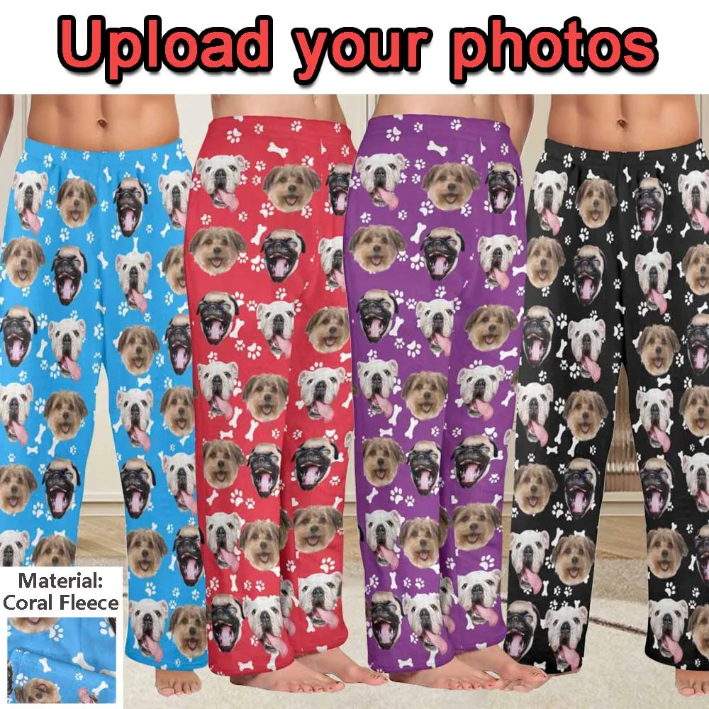 Custom Pet Face Coral Fleece Pajama Pants with Bone Foot Print Warm and Comfortable Long Pajama Pants For Men Women