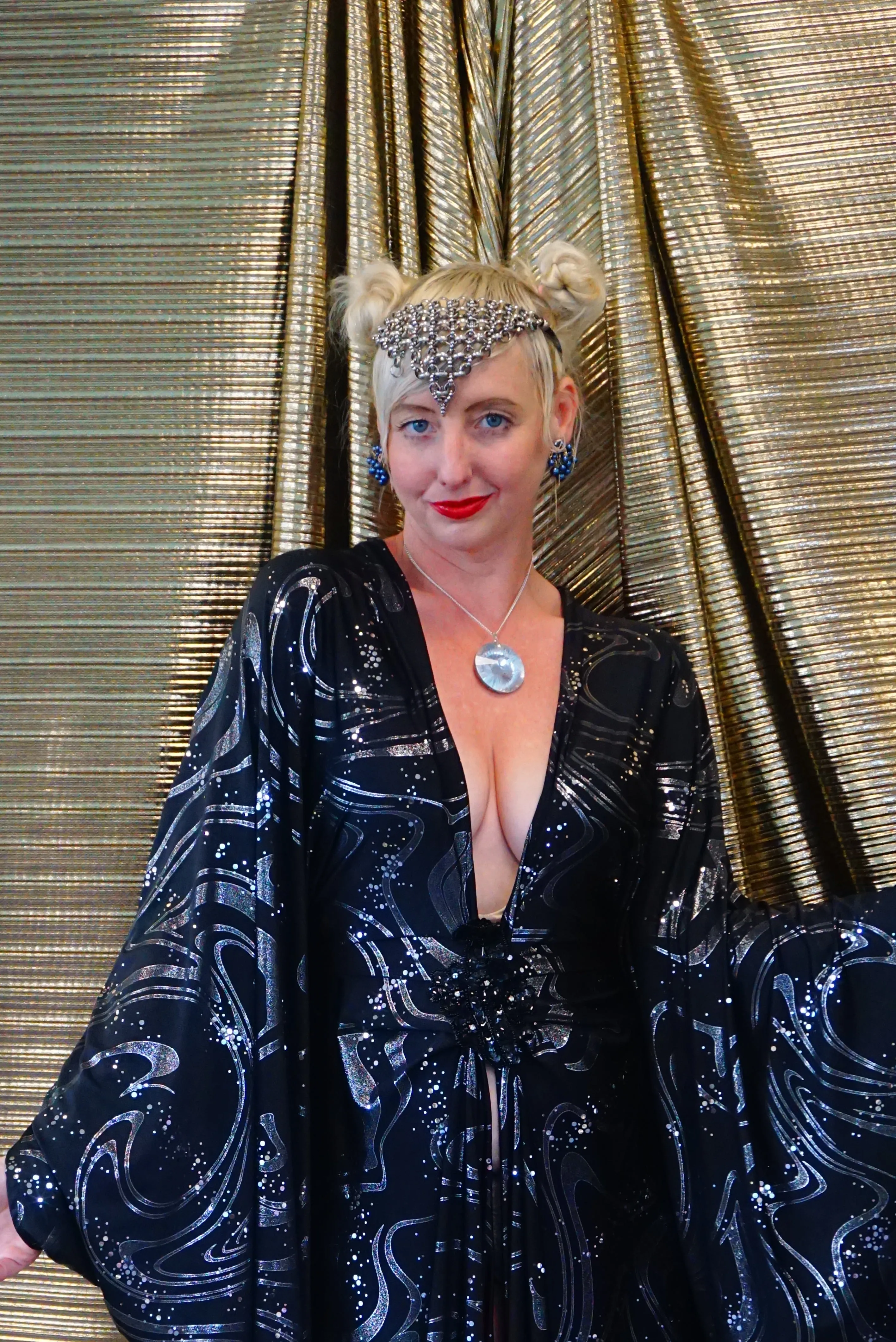 Deep plunge black and silver Elvira inspired slinky kaftan Gown