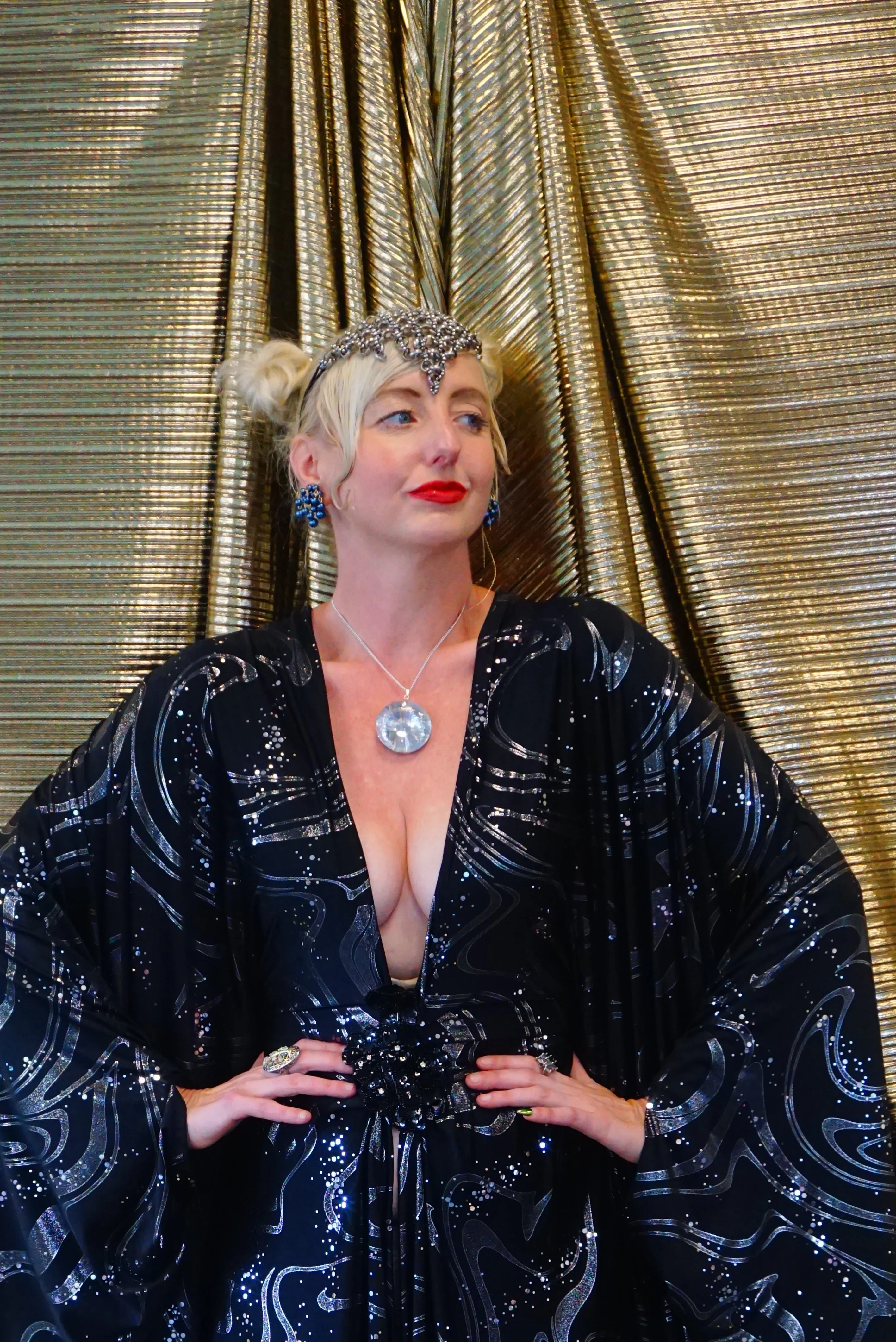 Deep plunge black and silver Elvira inspired slinky kaftan Gown