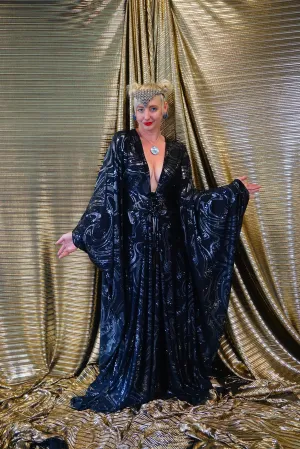 Deep plunge black and silver Elvira inspired slinky kaftan Gown
