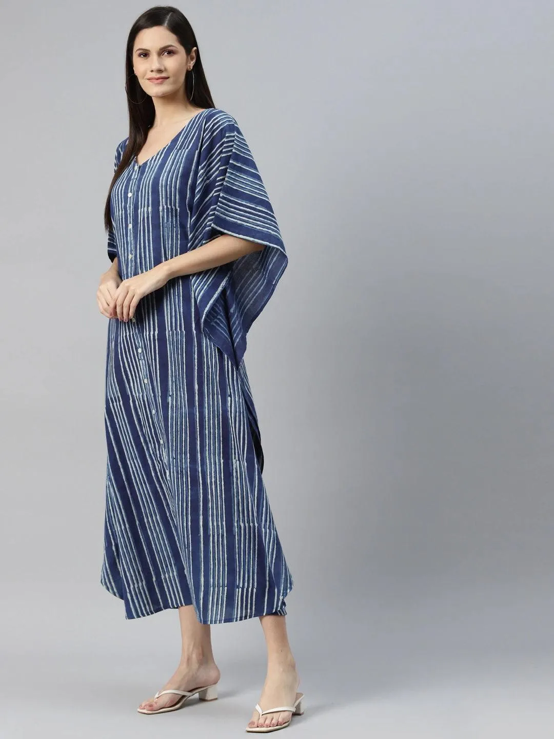 Divena Blue Hand Block Printed Striped Kaftan Dress