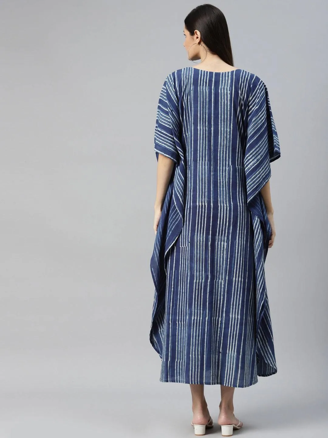 Divena Blue Hand Block Printed Striped Kaftan Dress