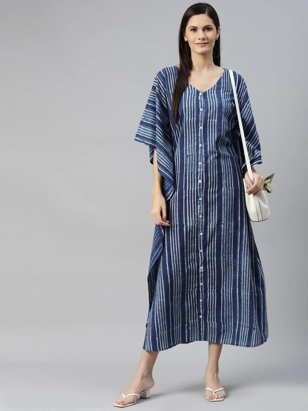 Divena Blue Hand Block Printed Striped Kaftan Dress