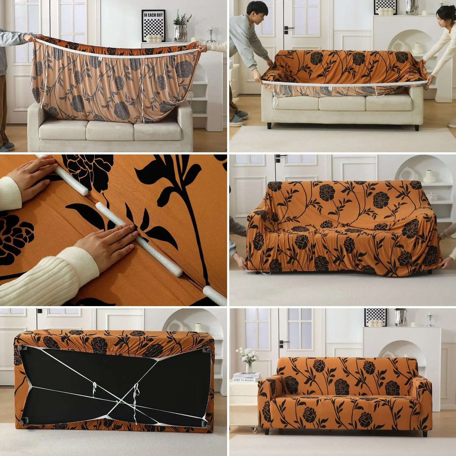 Elastic Stretchable Printed 140gsm Fully Covered Sofa Cover, Copper Brown Floral