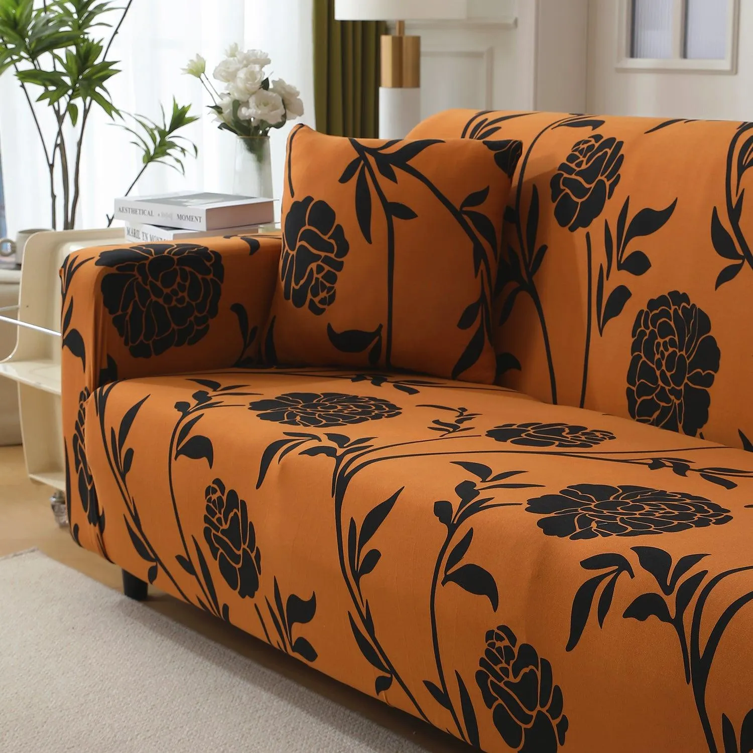 Elastic Stretchable Printed 140gsm Fully Covered Sofa Cover, Copper Brown Floral
