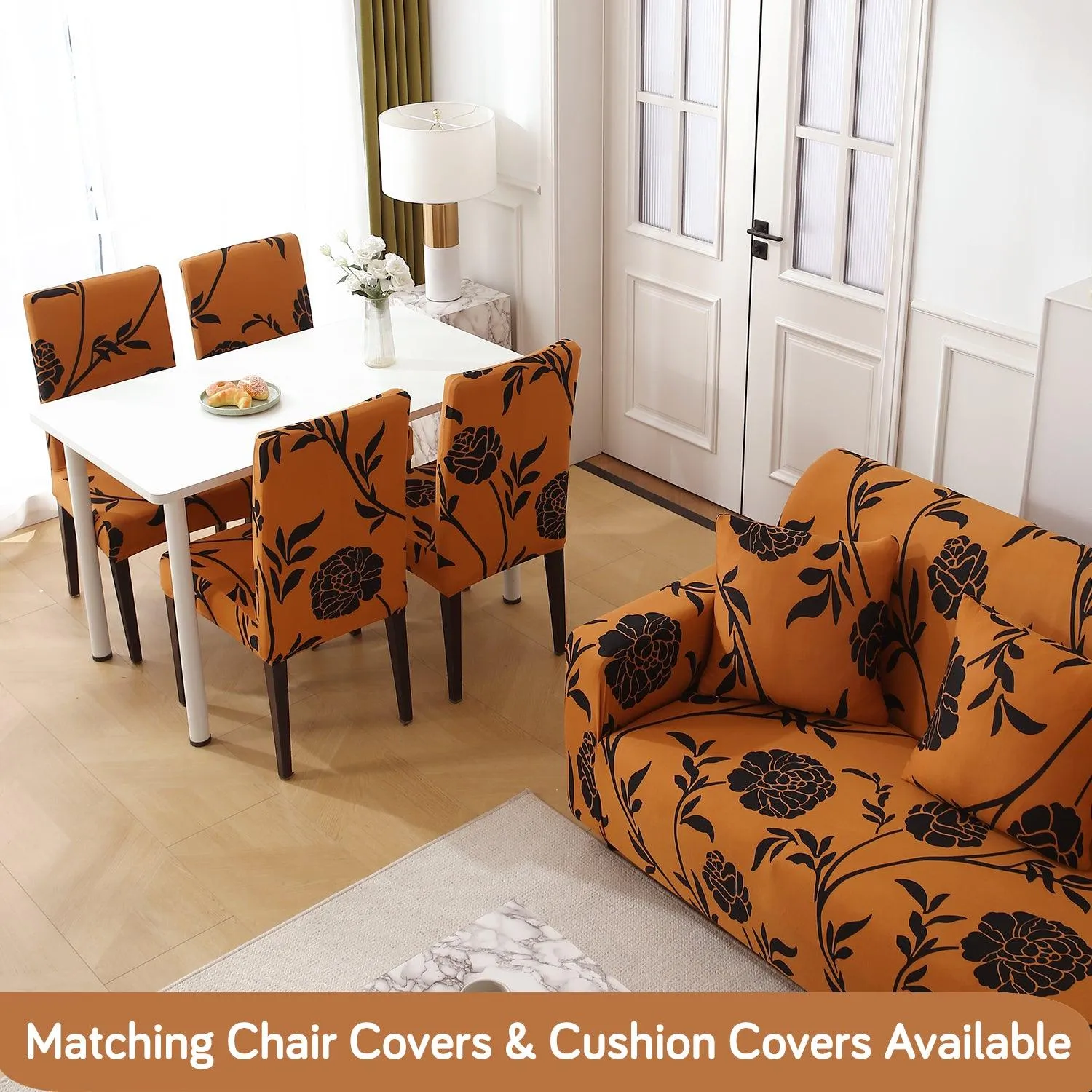 Elastic Stretchable Printed 140gsm Fully Covered Sofa Cover, Copper Brown Floral