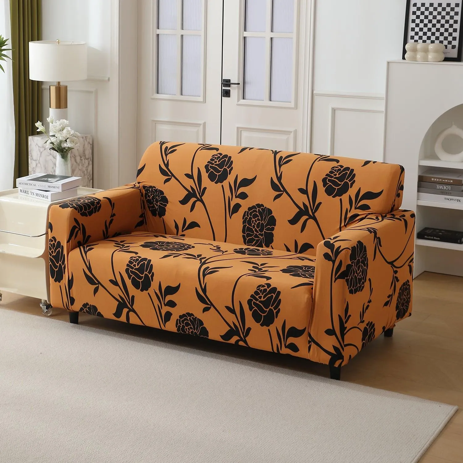 Elastic Stretchable Printed 140gsm Fully Covered Sofa Cover, Copper Brown Floral