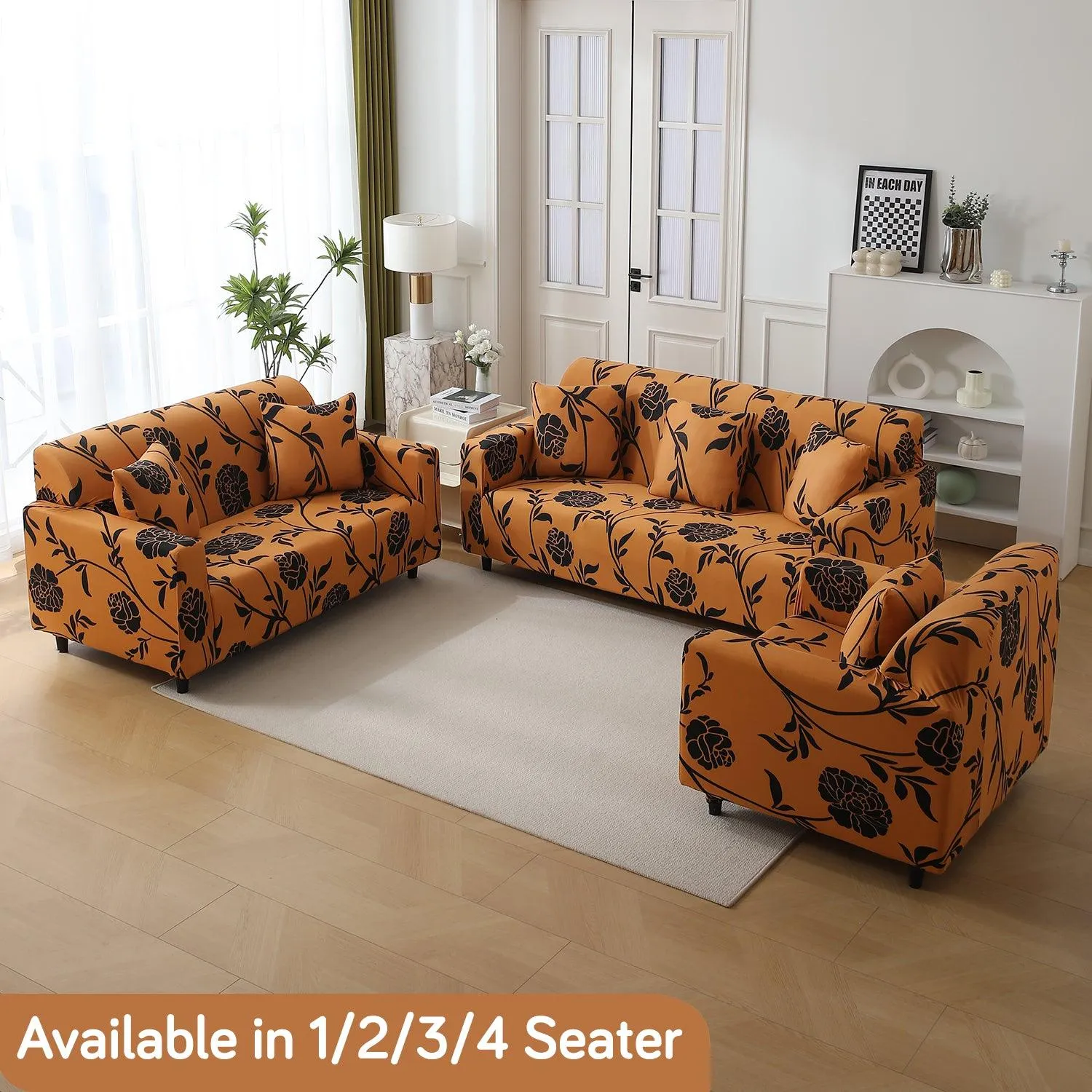 Elastic Stretchable Printed 140gsm Fully Covered Sofa Cover, Copper Brown Floral