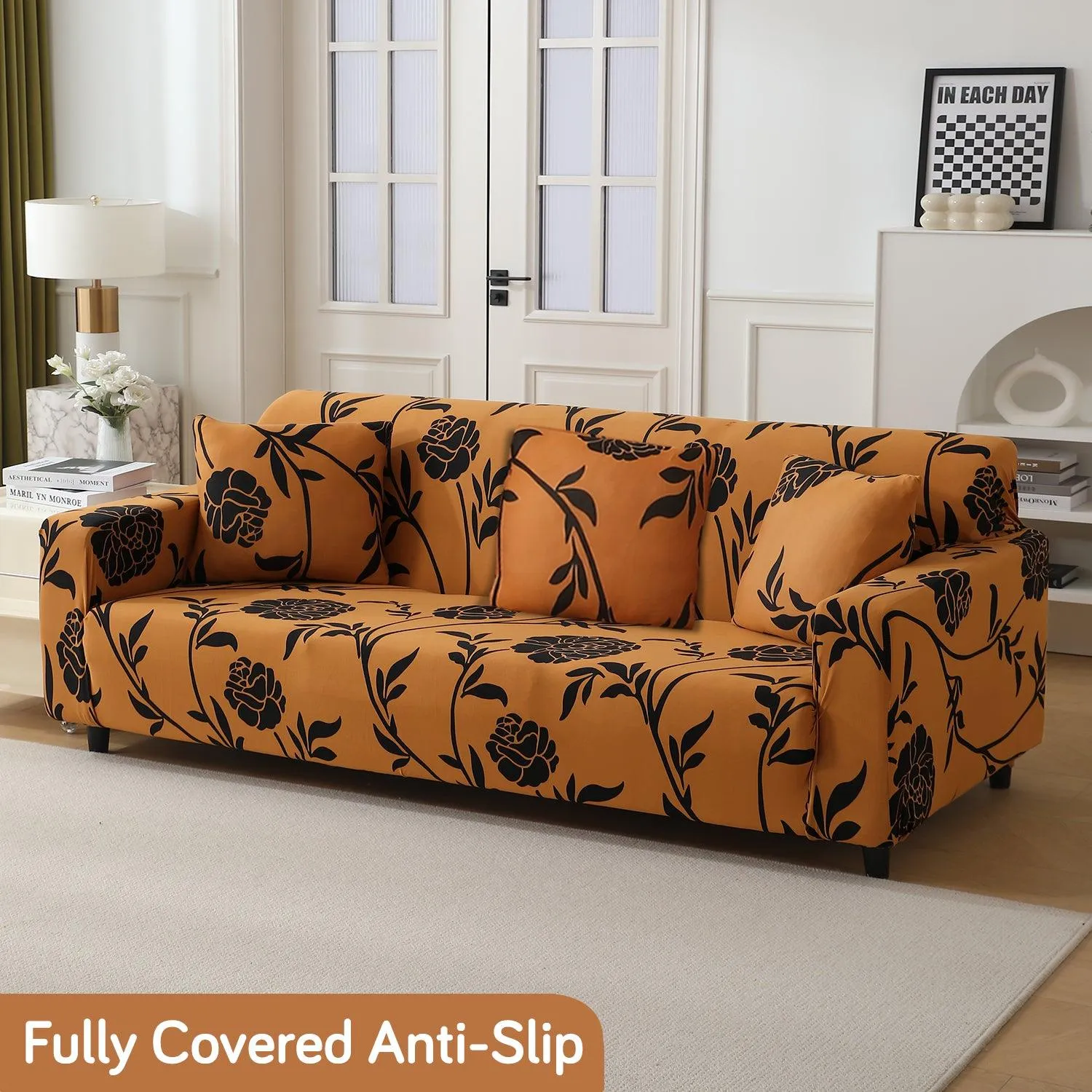 Elastic Stretchable Printed 140gsm Fully Covered Sofa Cover, Copper Brown Floral