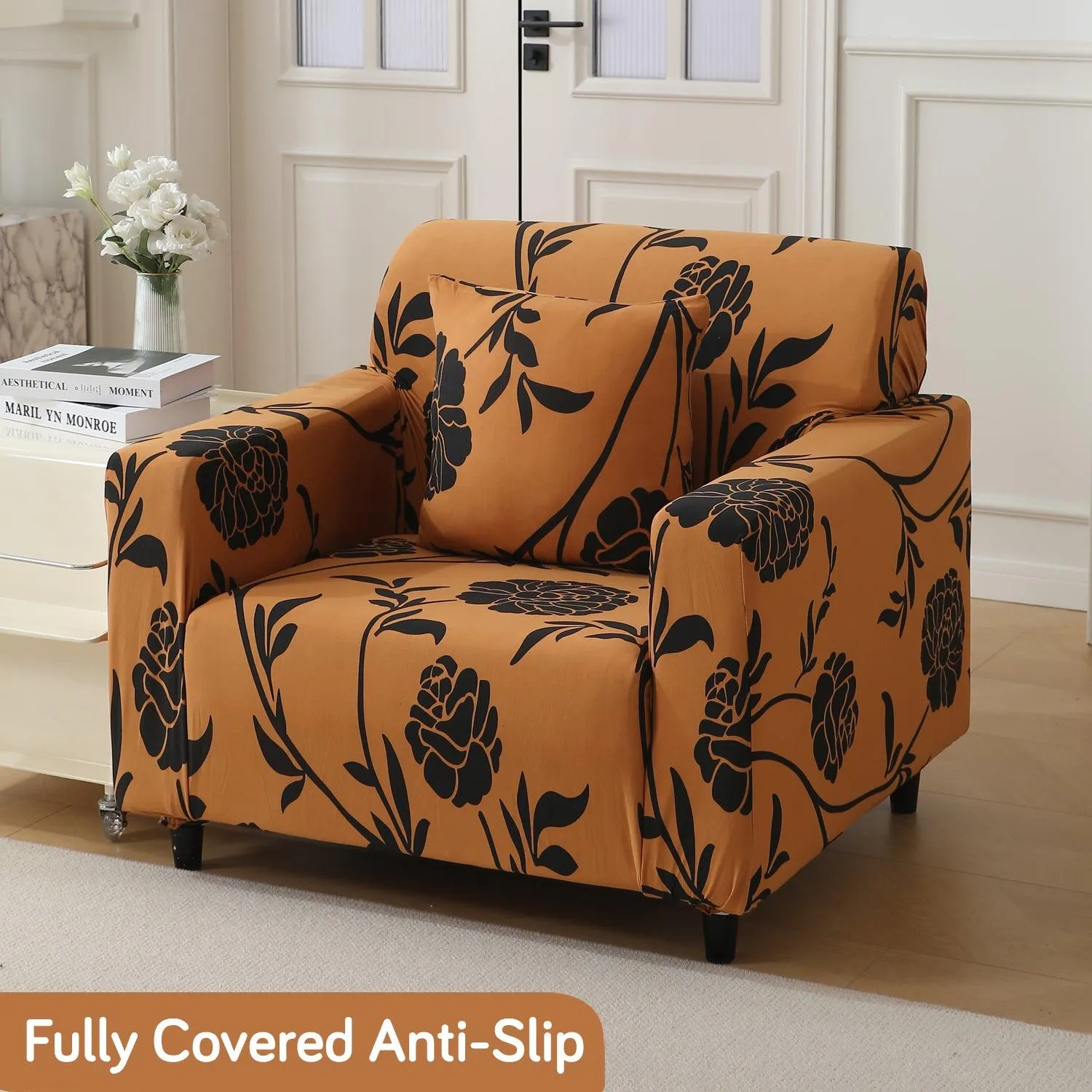 Elastic Stretchable Printed 140gsm Fully Covered Sofa Cover, Copper Brown Floral