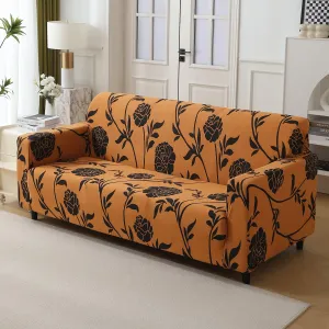 Elastic Stretchable Printed 140gsm Fully Covered Sofa Cover, Copper Brown Floral