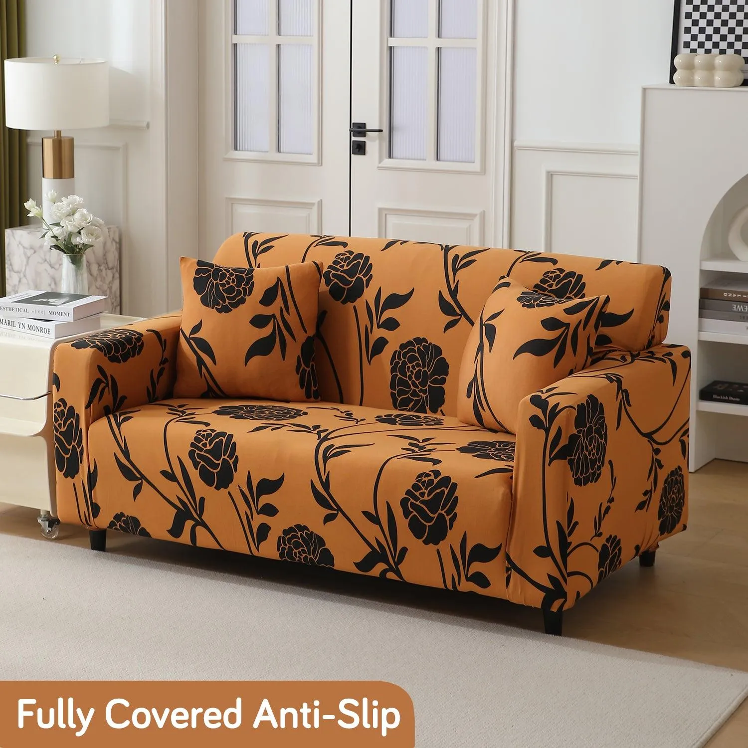 Elastic Stretchable Printed 140gsm Fully Covered Sofa Cover, Copper Brown Floral