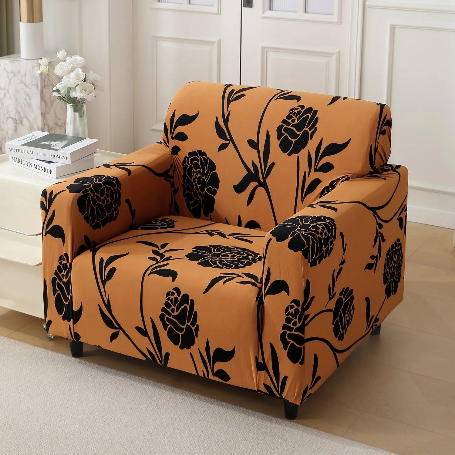 Elastic Stretchable Printed 140gsm Fully Covered Sofa Cover, Copper Brown Floral