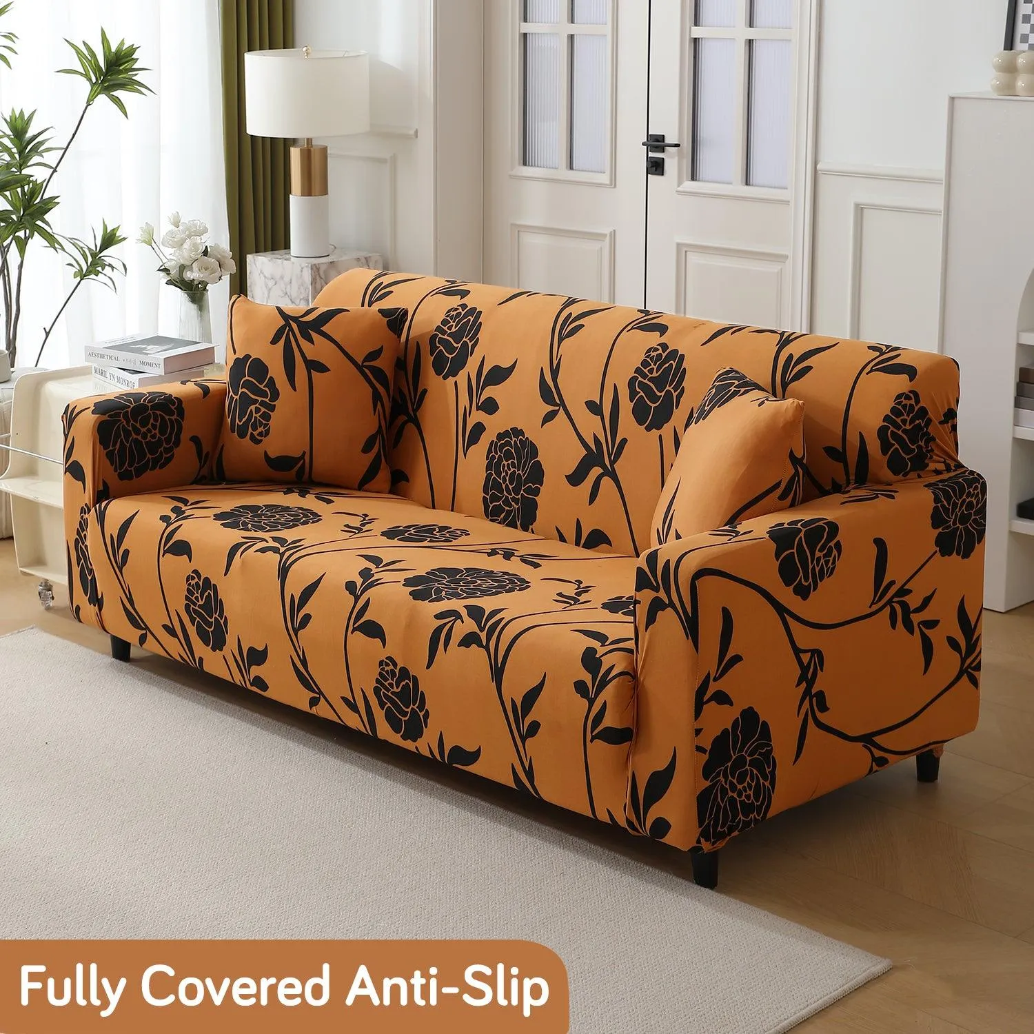 Elastic Stretchable Printed 140gsm Fully Covered Sofa Cover, Copper Brown Floral