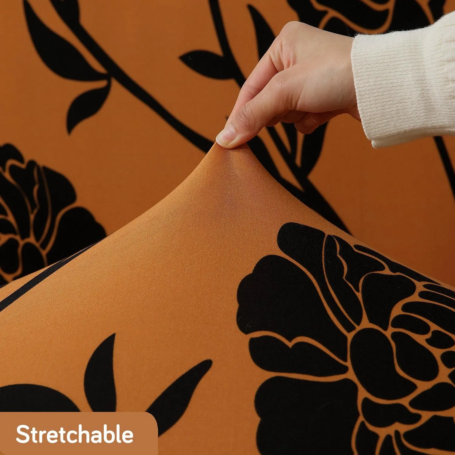 Elastic Stretchable Printed 140gsm Fully Covered Sofa Cover, Copper Brown Floral