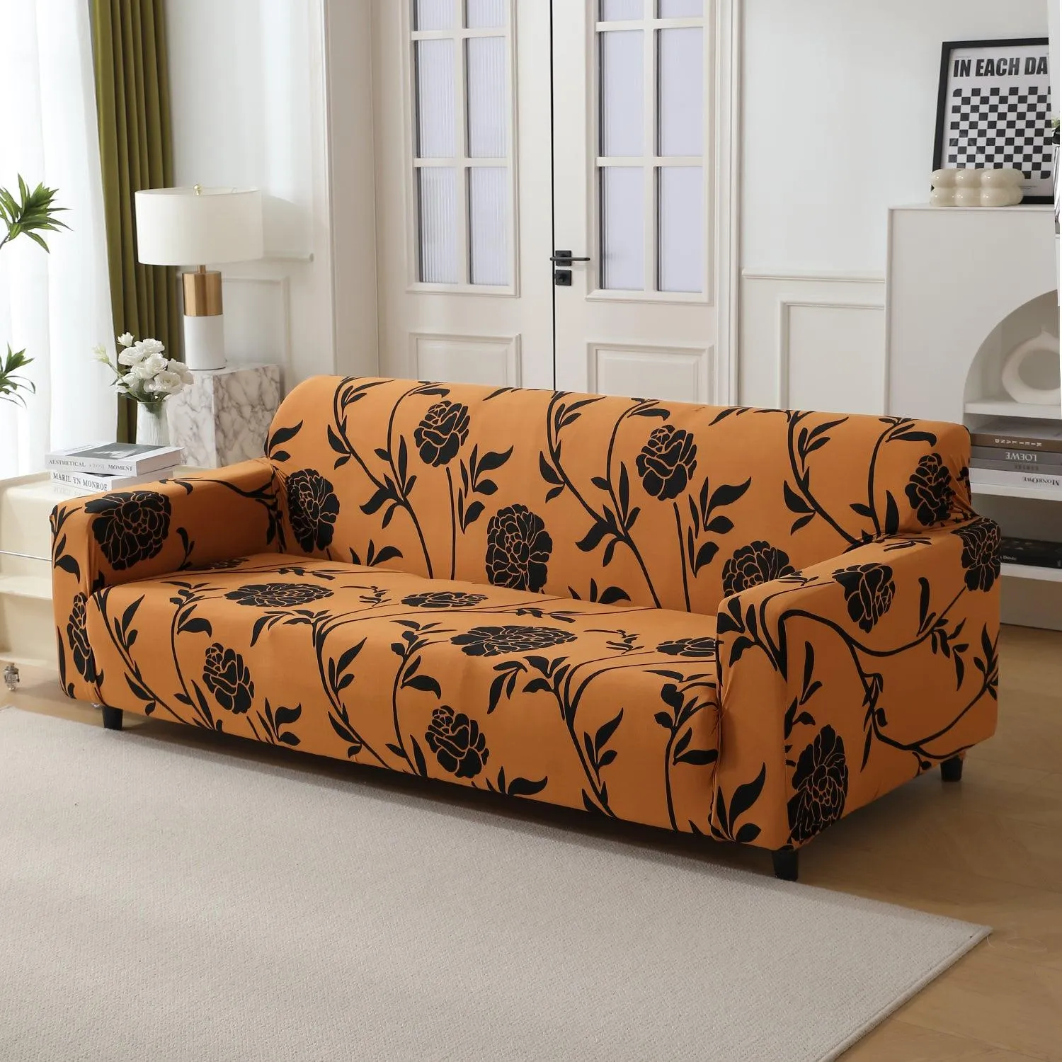 Elastic Stretchable Printed 140gsm Fully Covered Sofa Cover, Copper Brown Floral