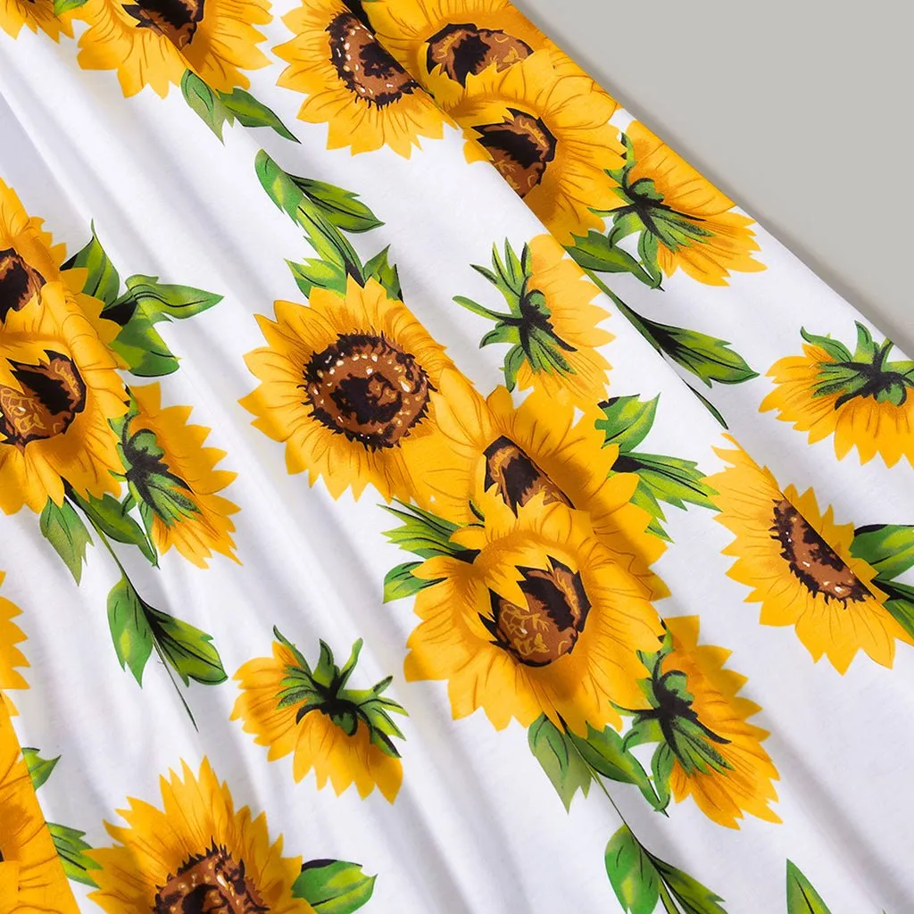 Family Matching Solid Spaghetti Strap Splicing Sunflower Floral Print Dresses and Short-sleeve T-shirts Sets