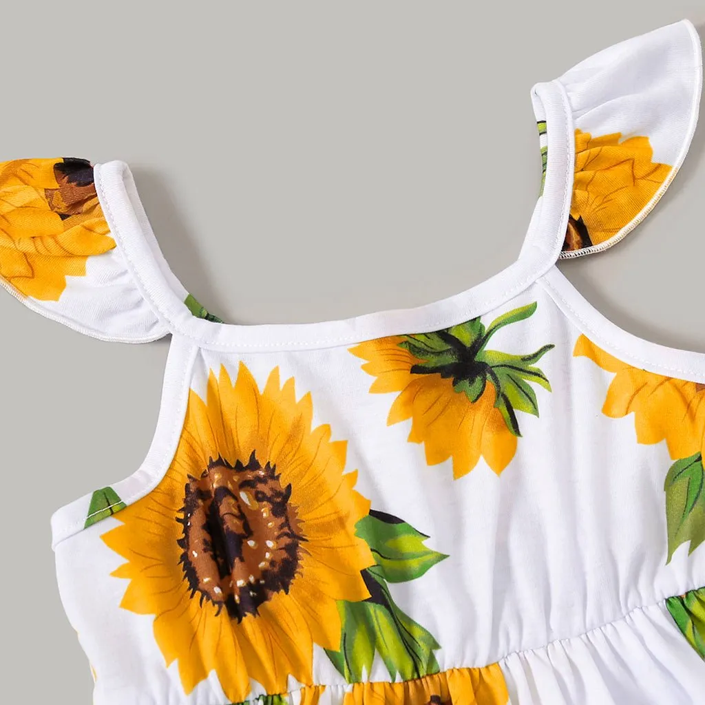Family Matching Solid Spaghetti Strap Splicing Sunflower Floral Print Dresses and Short-sleeve T-shirts Sets