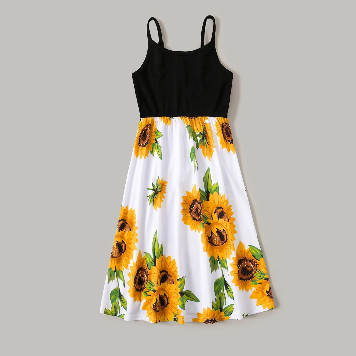 Family Matching Solid Spaghetti Strap Splicing Sunflower Floral Print Dresses and Short-sleeve T-shirts Sets