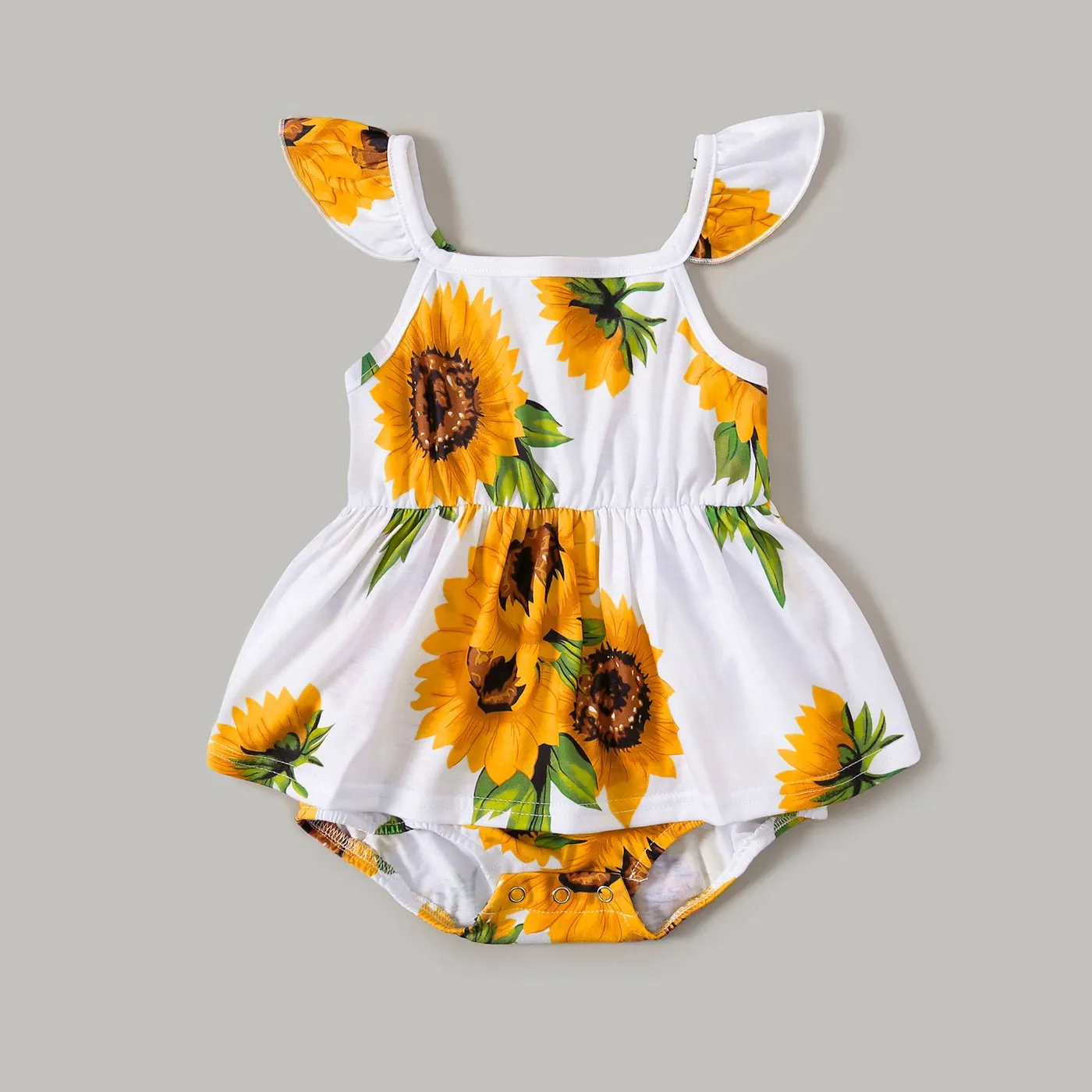 Family Matching Solid Spaghetti Strap Splicing Sunflower Floral Print Dresses and Short-sleeve T-shirts Sets