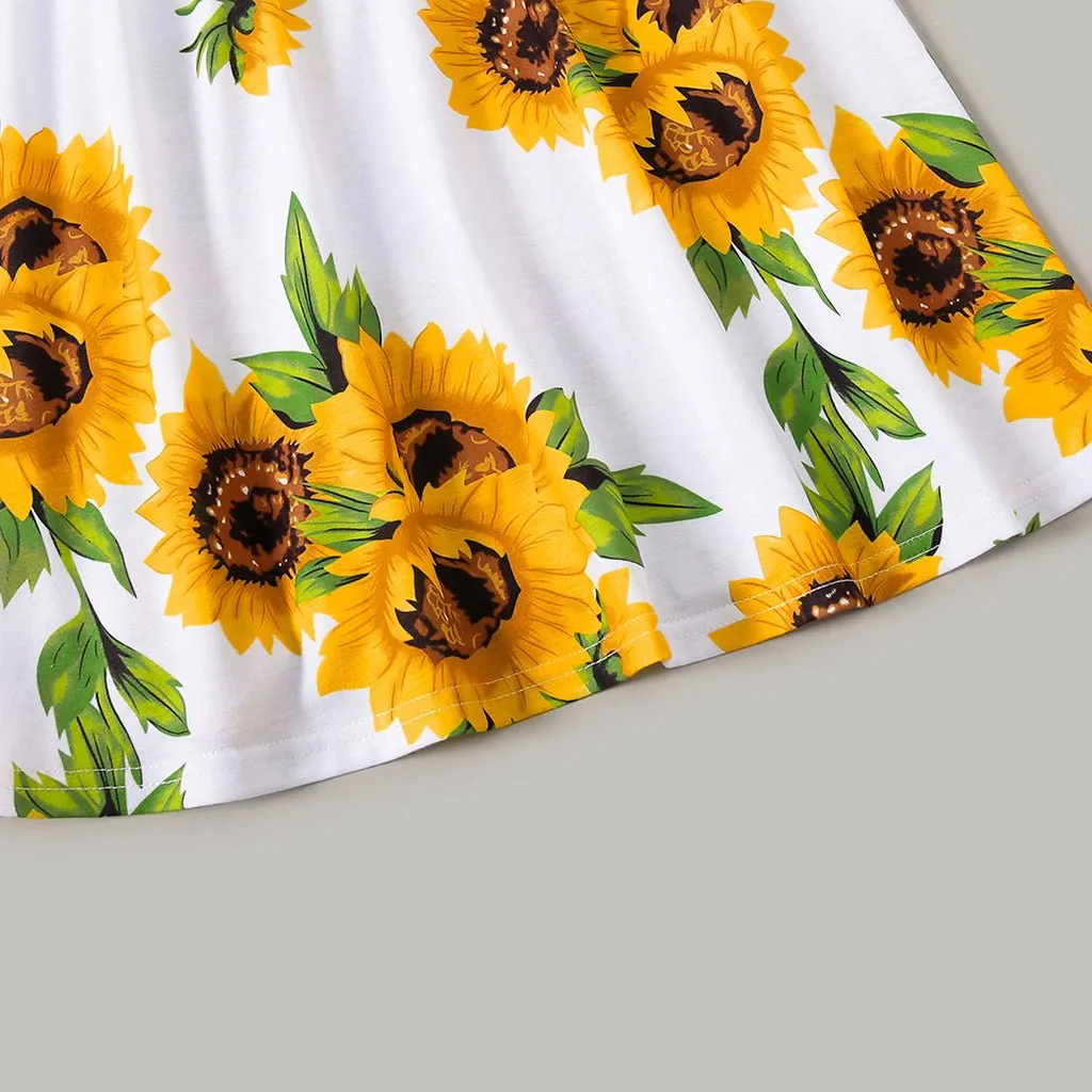 Family Matching Solid Spaghetti Strap Splicing Sunflower Floral Print Dresses and Short-sleeve T-shirts Sets