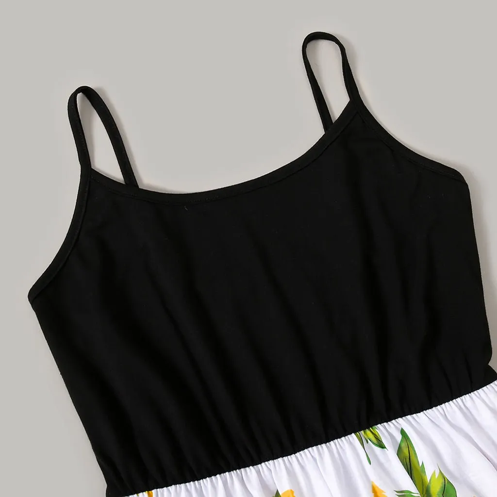 Family Matching Solid Spaghetti Strap Splicing Sunflower Floral Print Dresses and Short-sleeve T-shirts Sets