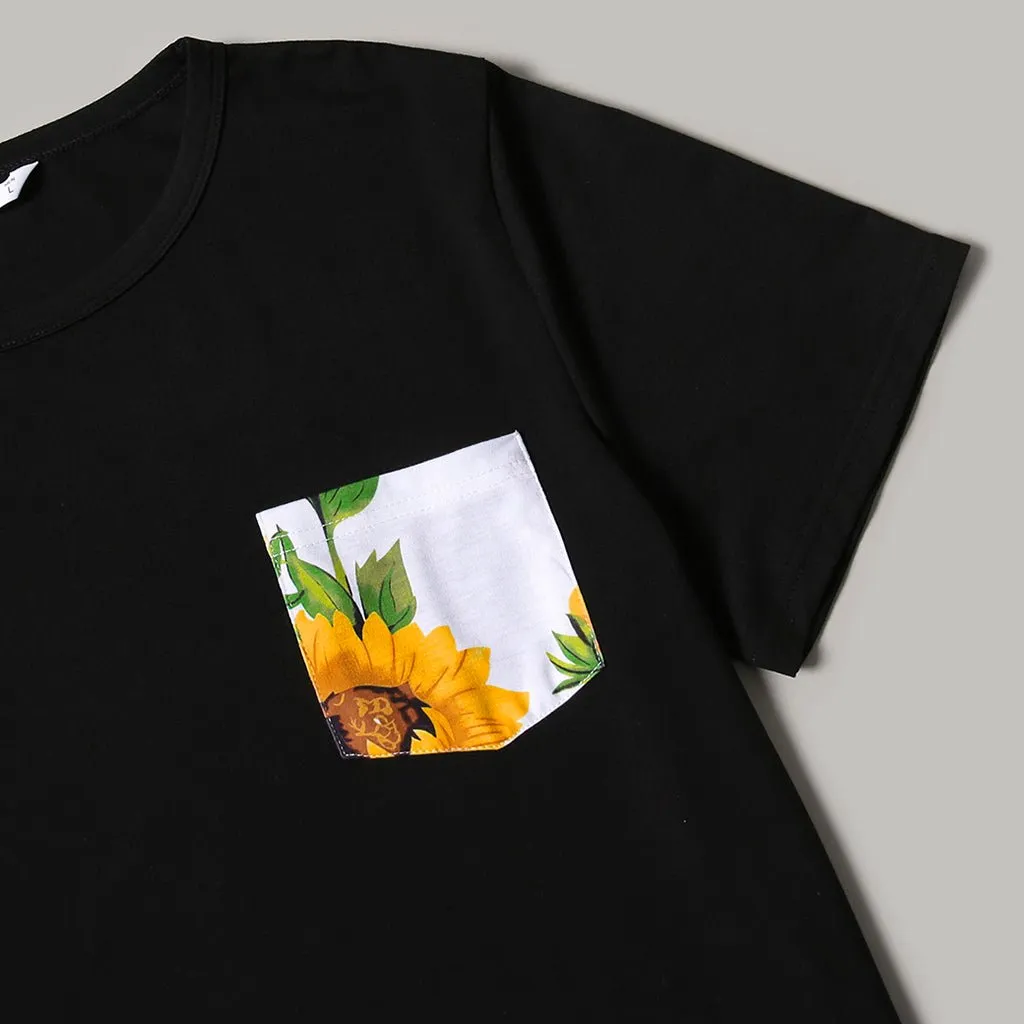 Family Matching Solid Spaghetti Strap Splicing Sunflower Floral Print Dresses and Short-sleeve T-shirts Sets