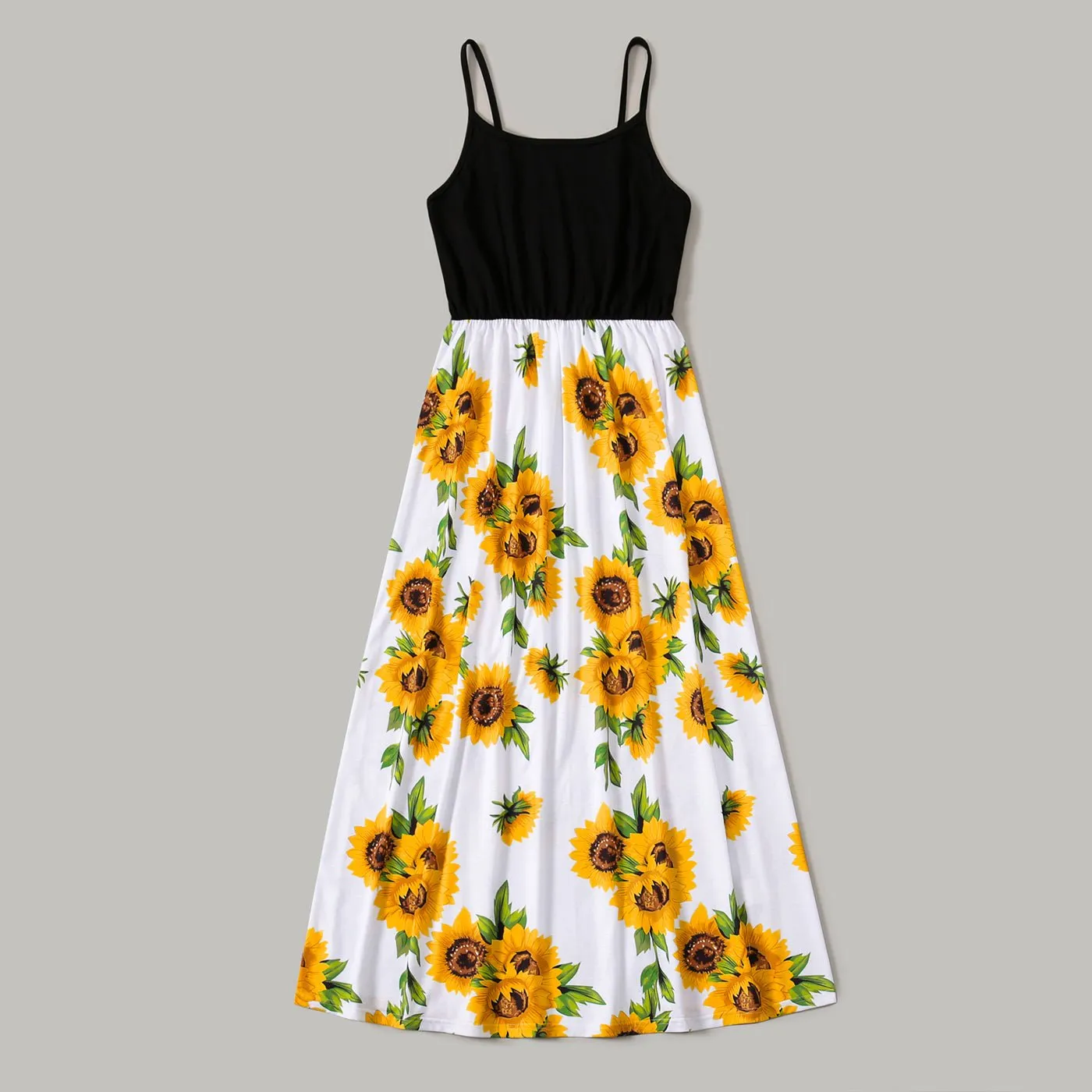 Family Matching Solid Spaghetti Strap Splicing Sunflower Floral Print Dresses and Short-sleeve T-shirts Sets
