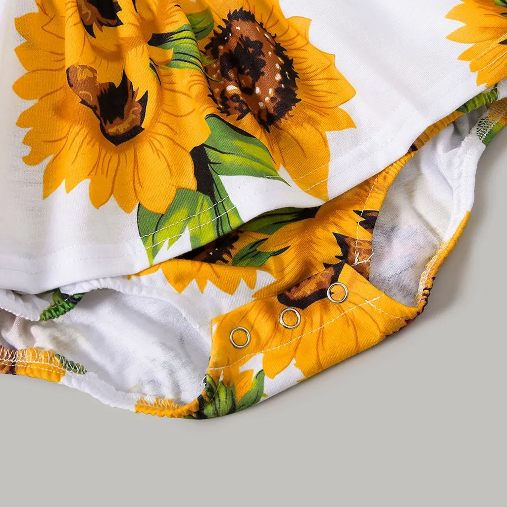Family Matching Solid Spaghetti Strap Splicing Sunflower Floral Print Dresses and Short-sleeve T-shirts Sets