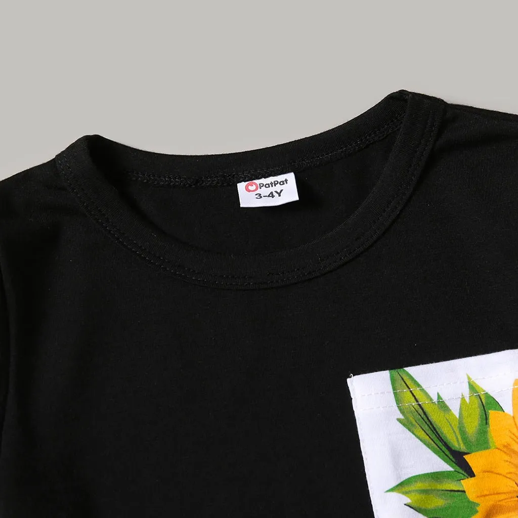 Family Matching Solid Spaghetti Strap Splicing Sunflower Floral Print Dresses and Short-sleeve T-shirts Sets