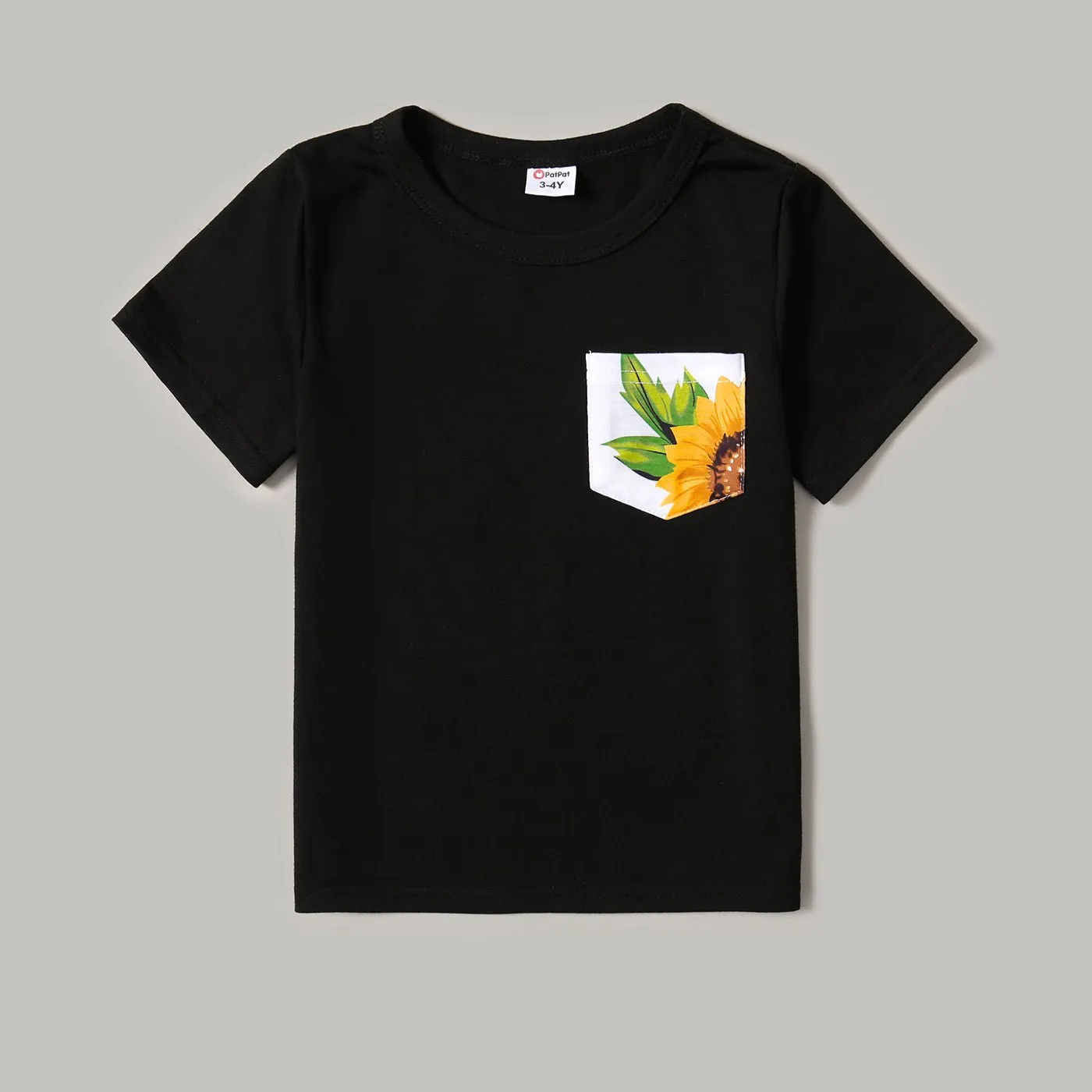 Family Matching Solid Spaghetti Strap Splicing Sunflower Floral Print Dresses and Short-sleeve T-shirts Sets