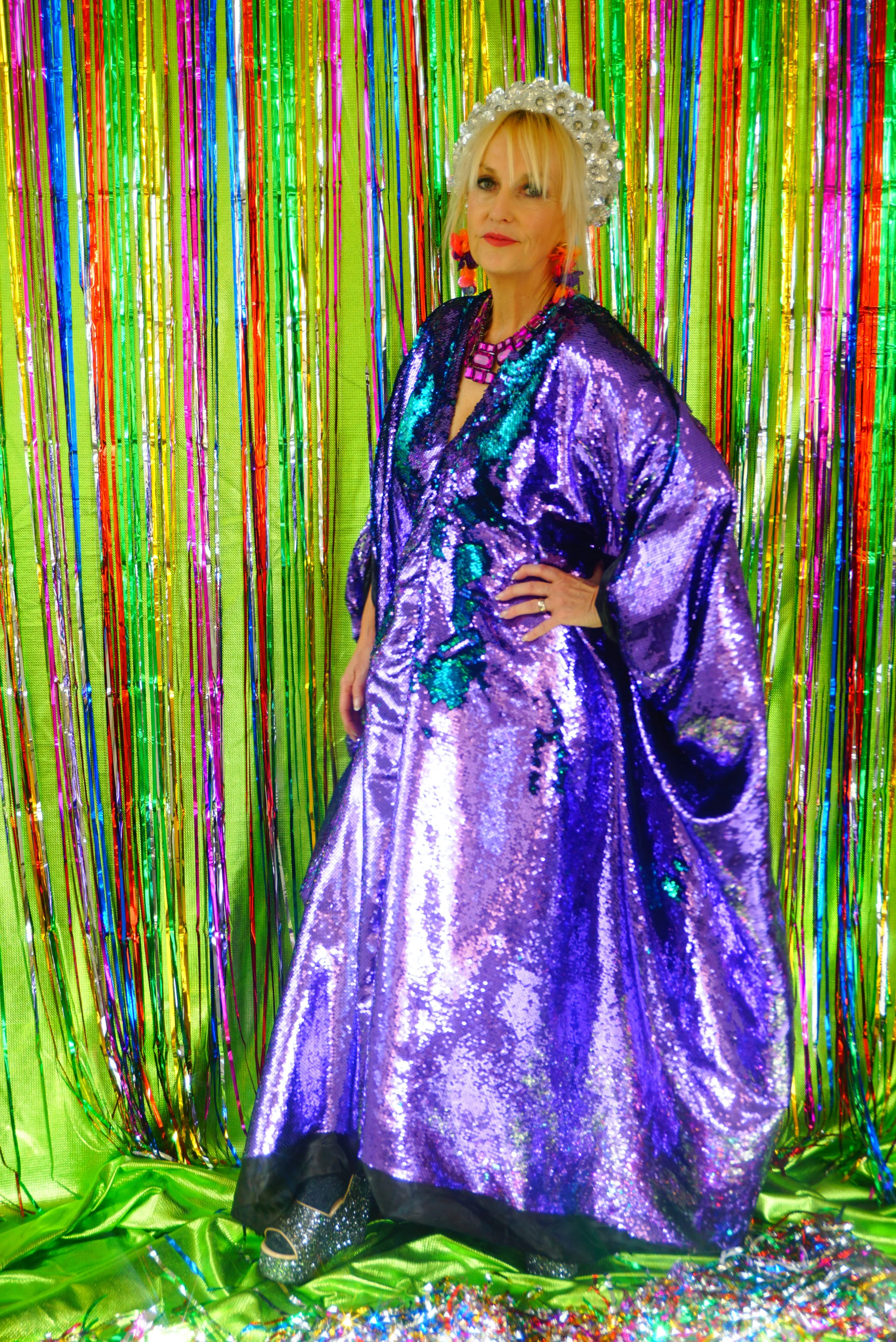 Flip Sequins V-neck Kaftan Party Frock. Super Sparkles! Blue and Purple