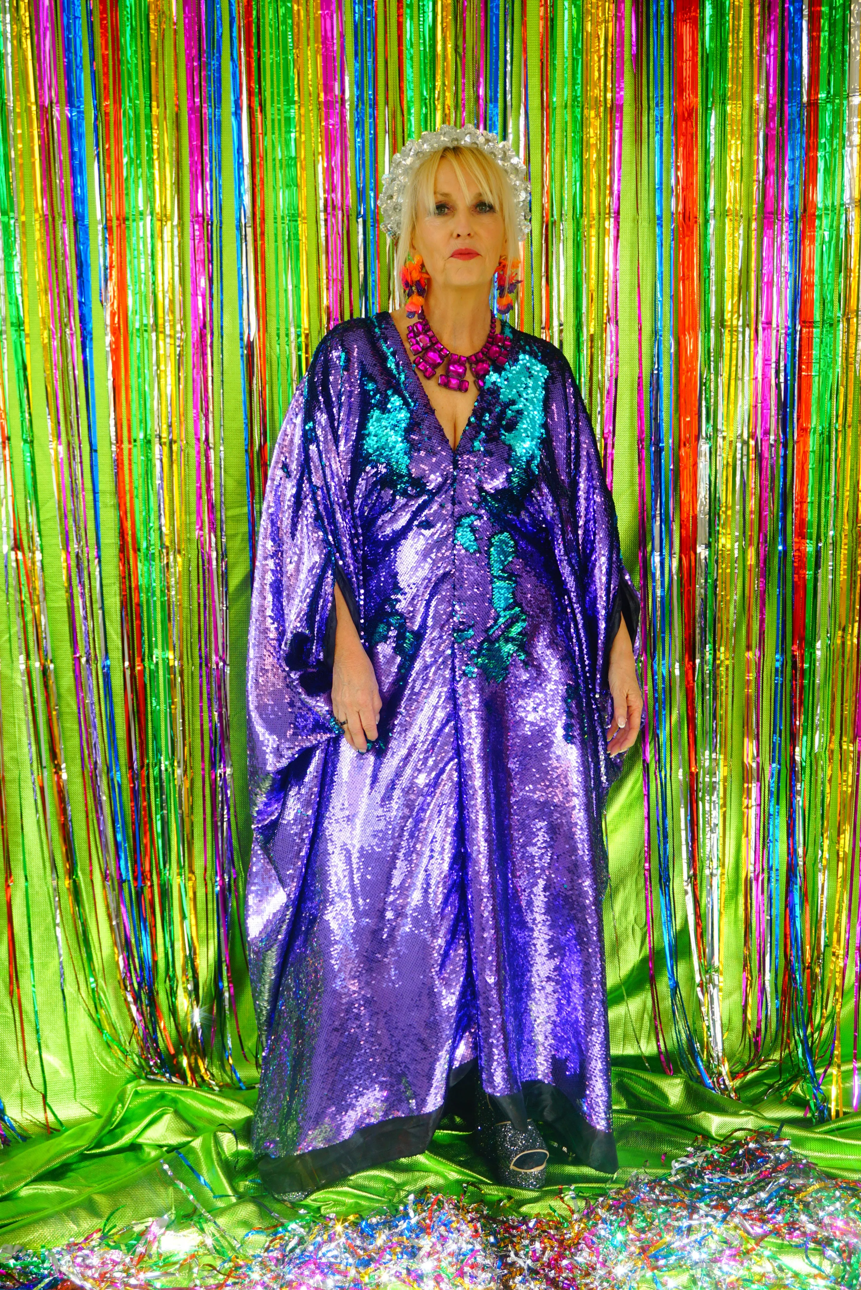 Flip Sequins V-neck Kaftan Party Frock. Super Sparkles! Blue and Purple