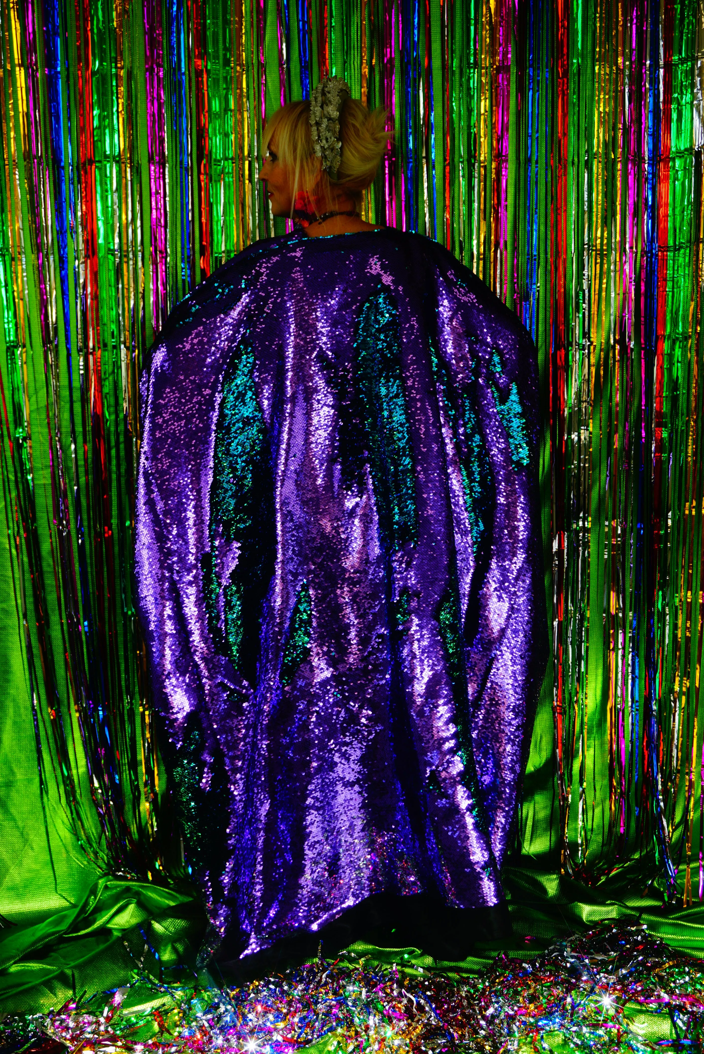 Flip Sequins V-neck Kaftan Party Frock. Super Sparkles! Blue and Purple