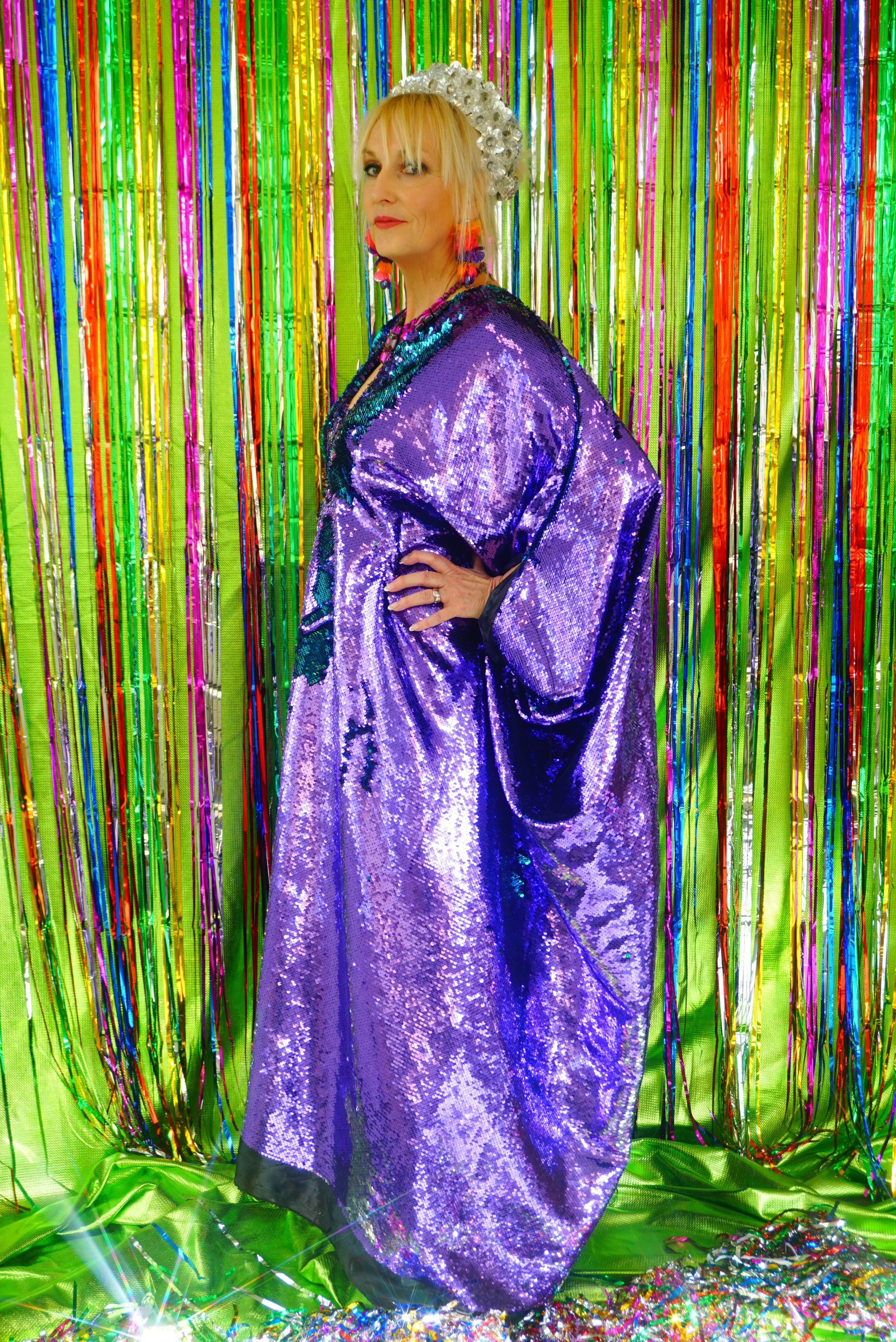 Flip Sequins V-neck Kaftan Party Frock. Super Sparkles! Blue and Purple