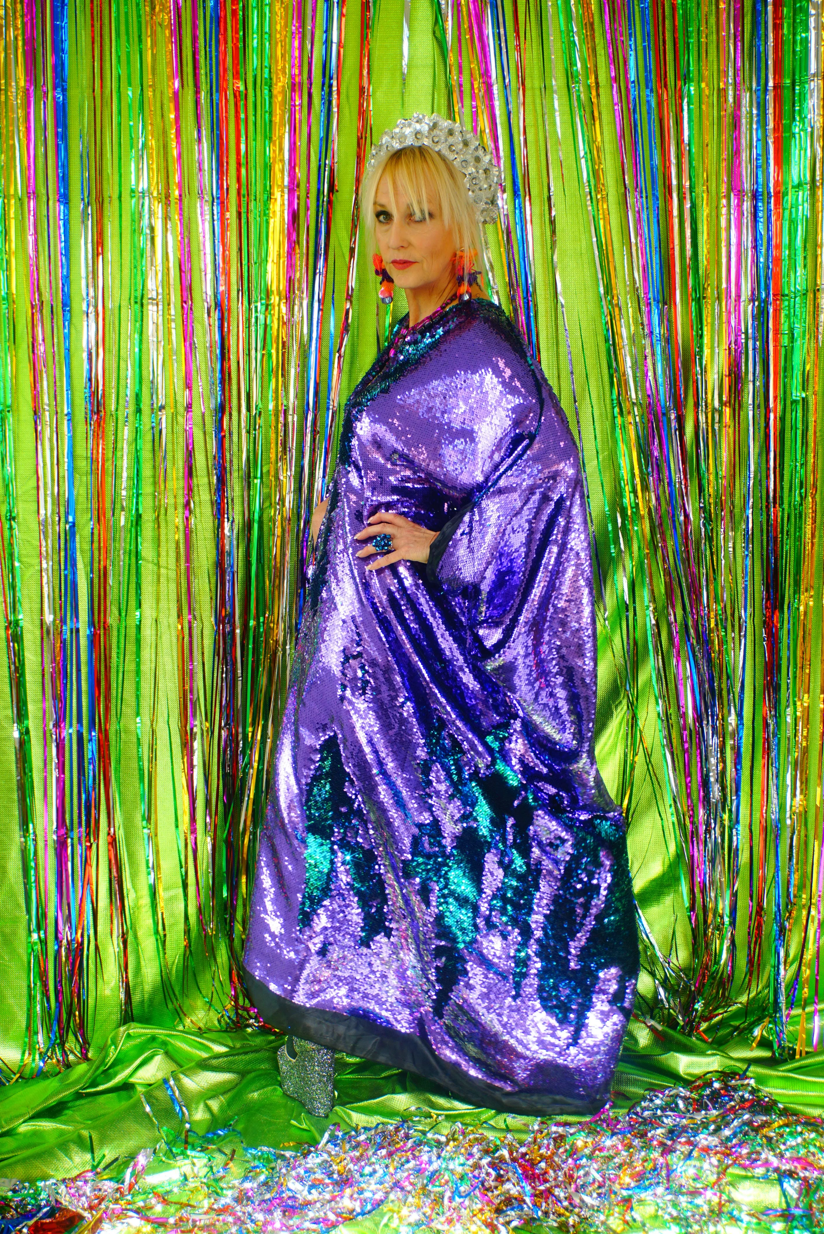 Flip Sequins V-neck Kaftan Party Frock. Super Sparkles! Blue and Purple